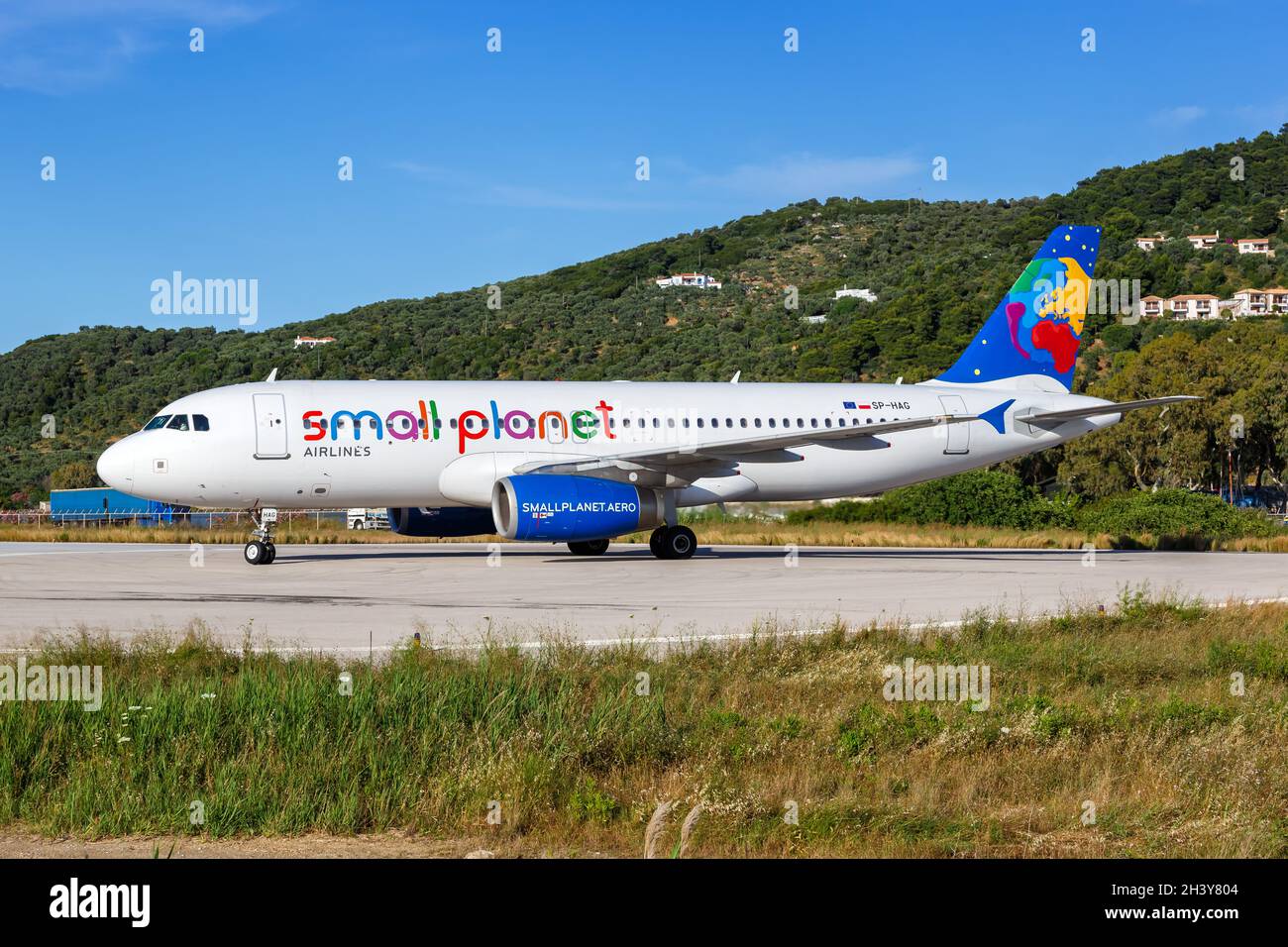 Small Planet Airlines Airbus A320 aircraft Skiathos Airport in Greece Stock Photo