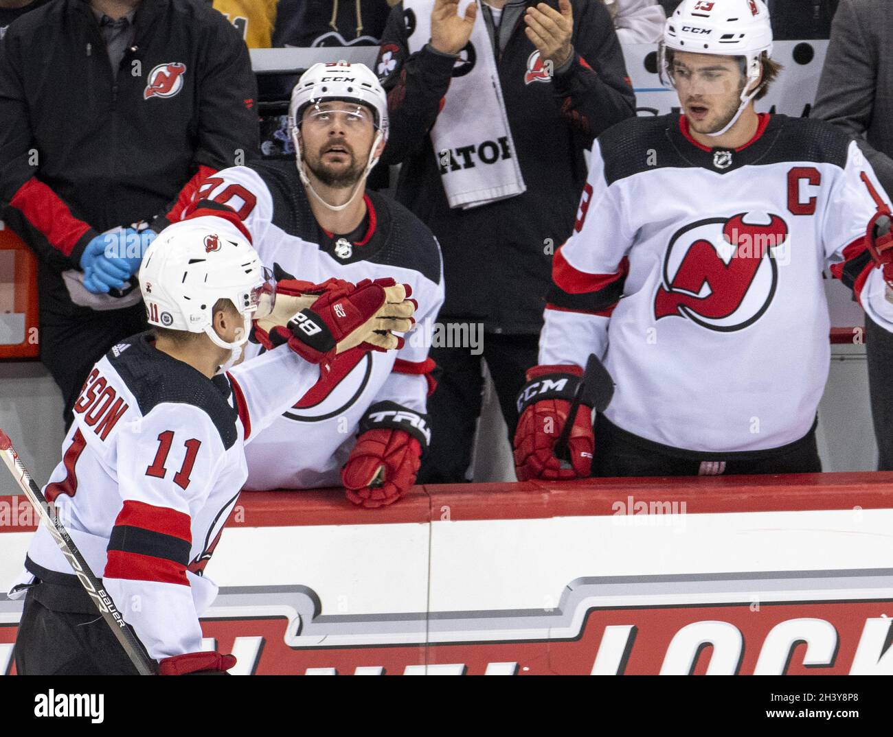 New Jersey Devils left wing Andreas Johnsson (11) ties the score his a goal late in the during the first period at PPG Paints Arena in Pittsburgh on Saturday, October 30, 2021.    Photo by Archie Carpenter/UPI Stock Photo