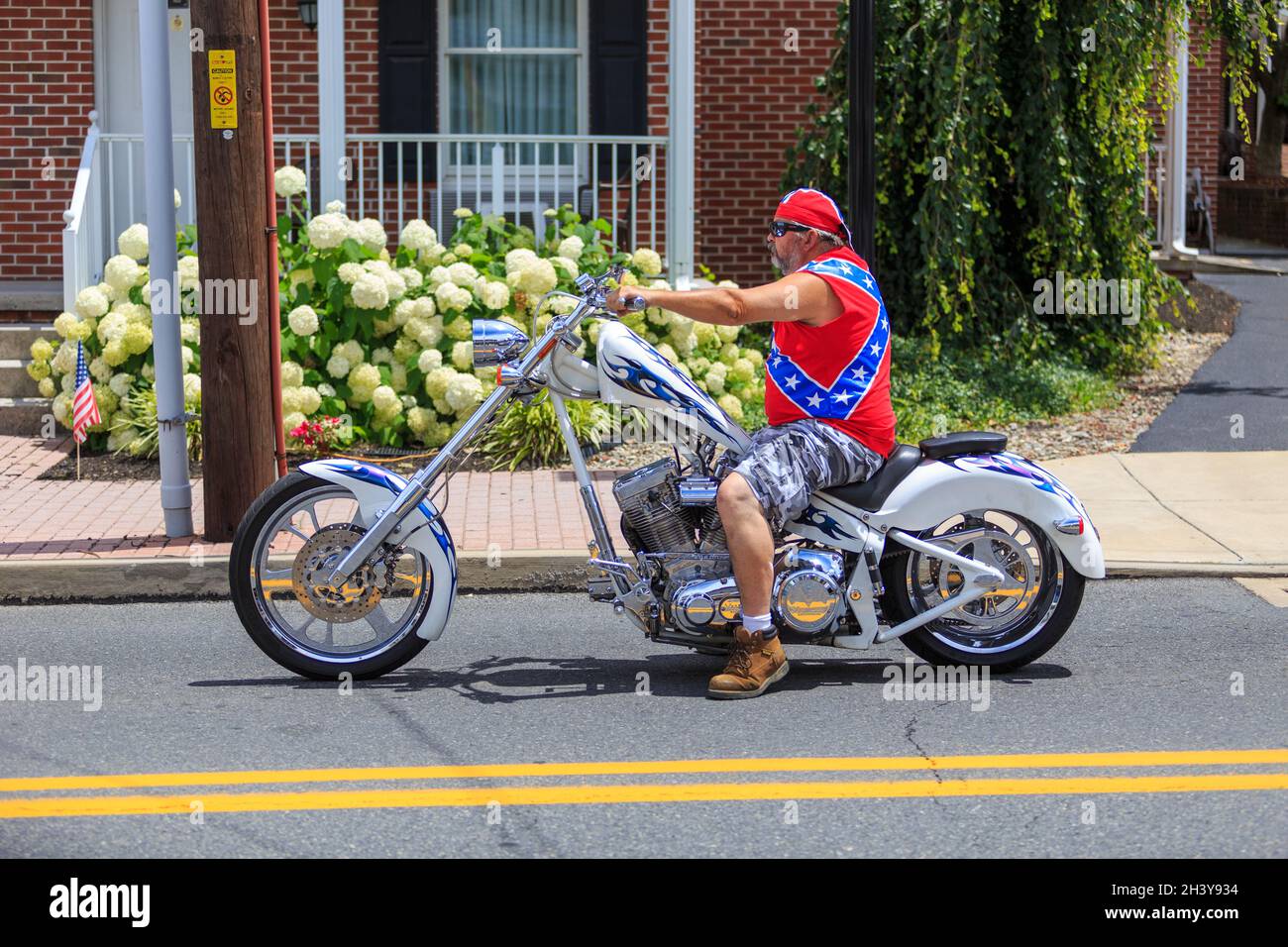 Gettysburg, PA July 2, 2016 A motorcyclist wearing a confederate