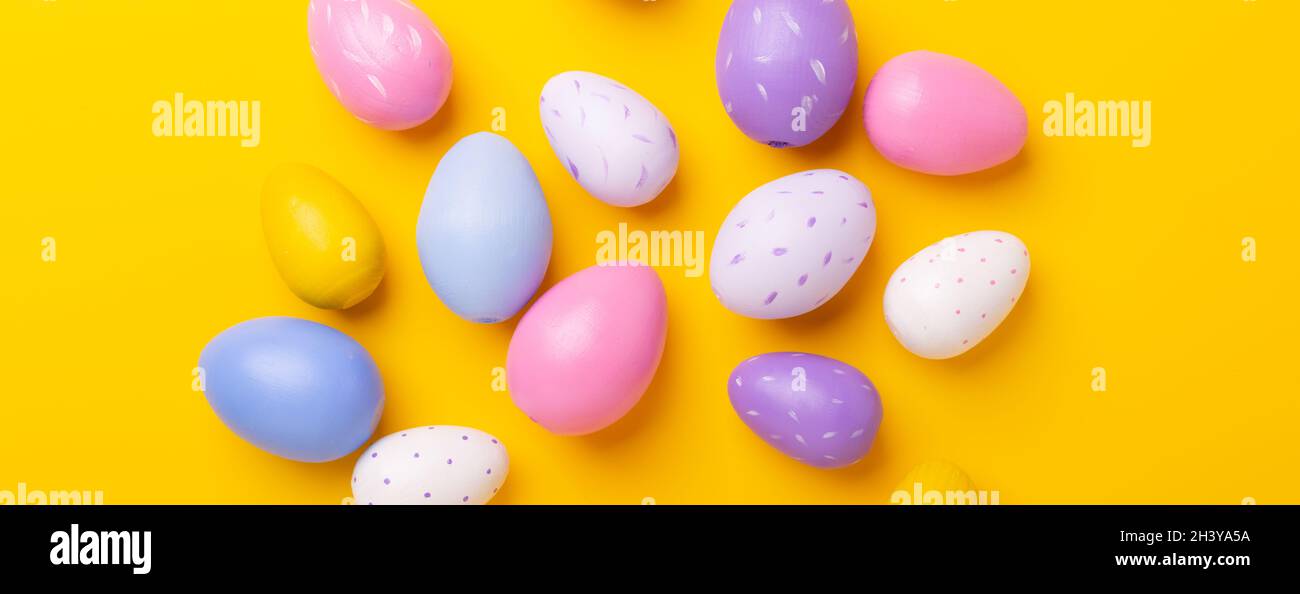 Easter banner with decorative painted multicolored eggs. Easter concept - Image Stock Photo