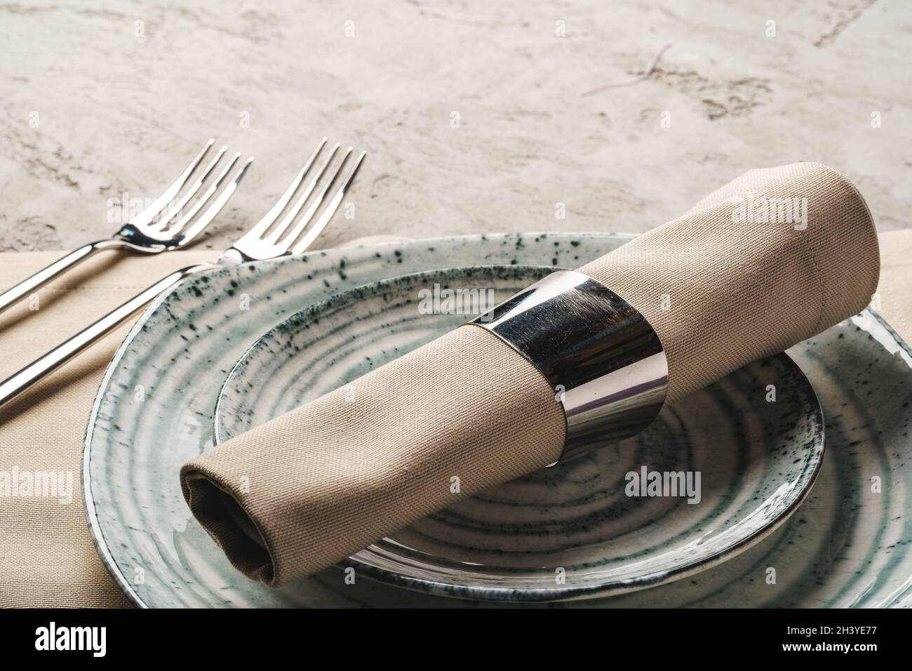 Ceramic stylish tableware set on grey background Stock Photo