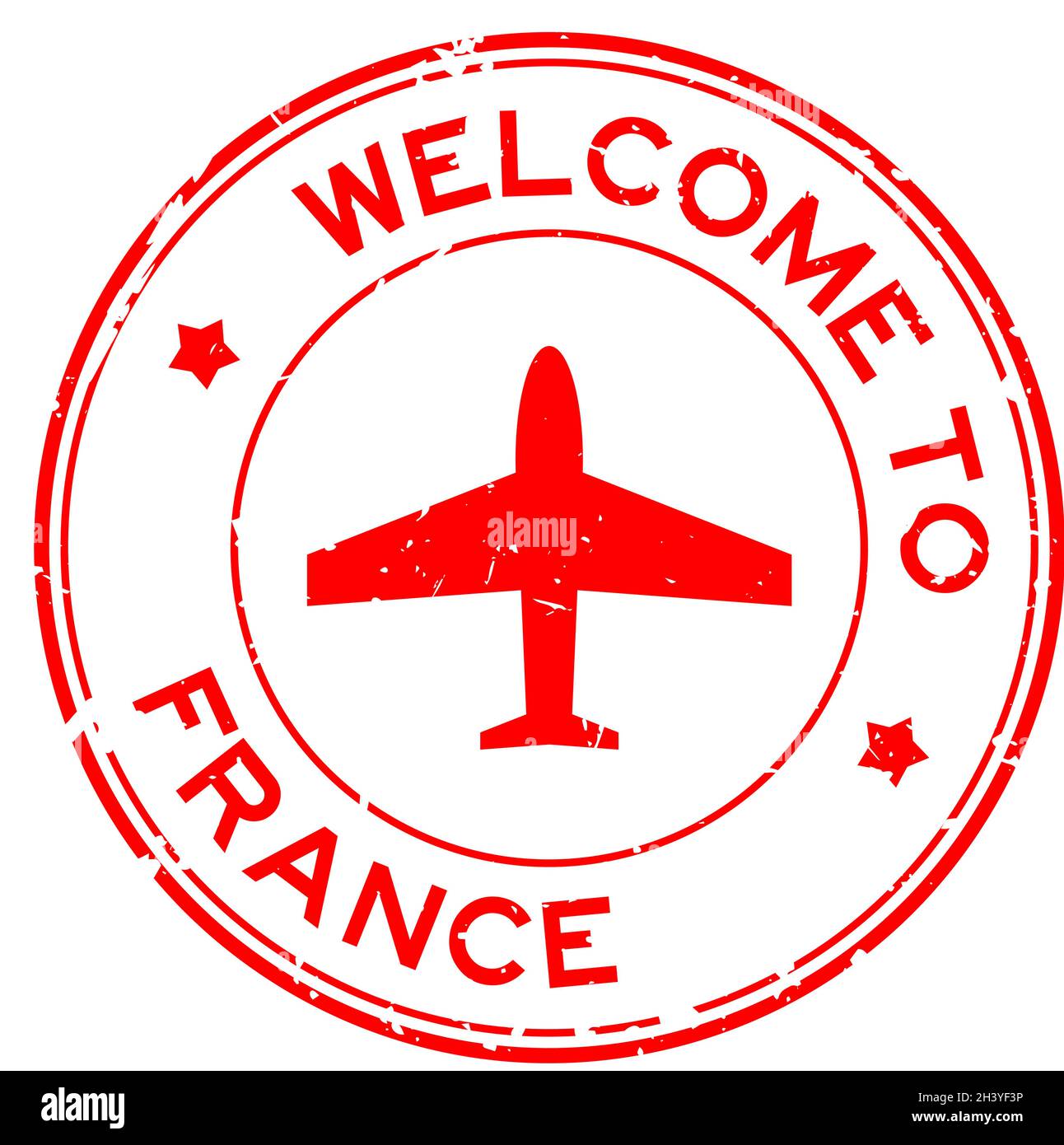 Grunge red welcome to France word with airplane icon round rubber seal stamp on white background Stock Vector