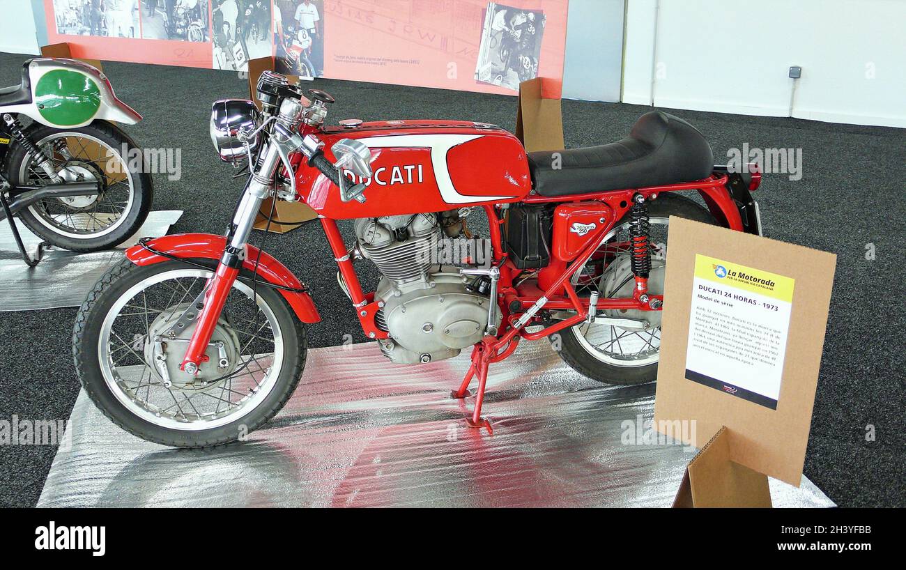 Ducati 250-1973 at the Montjuic 24 hour motorcyclists exhibition in Barcelona, Catalonia, Spain Stock Photo