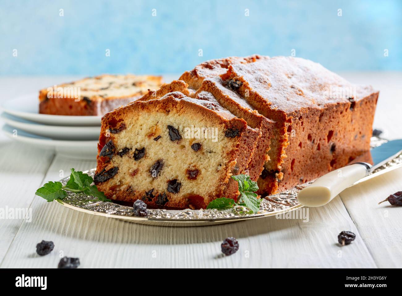 Homemade fruit cake with raisins. Stock Photo