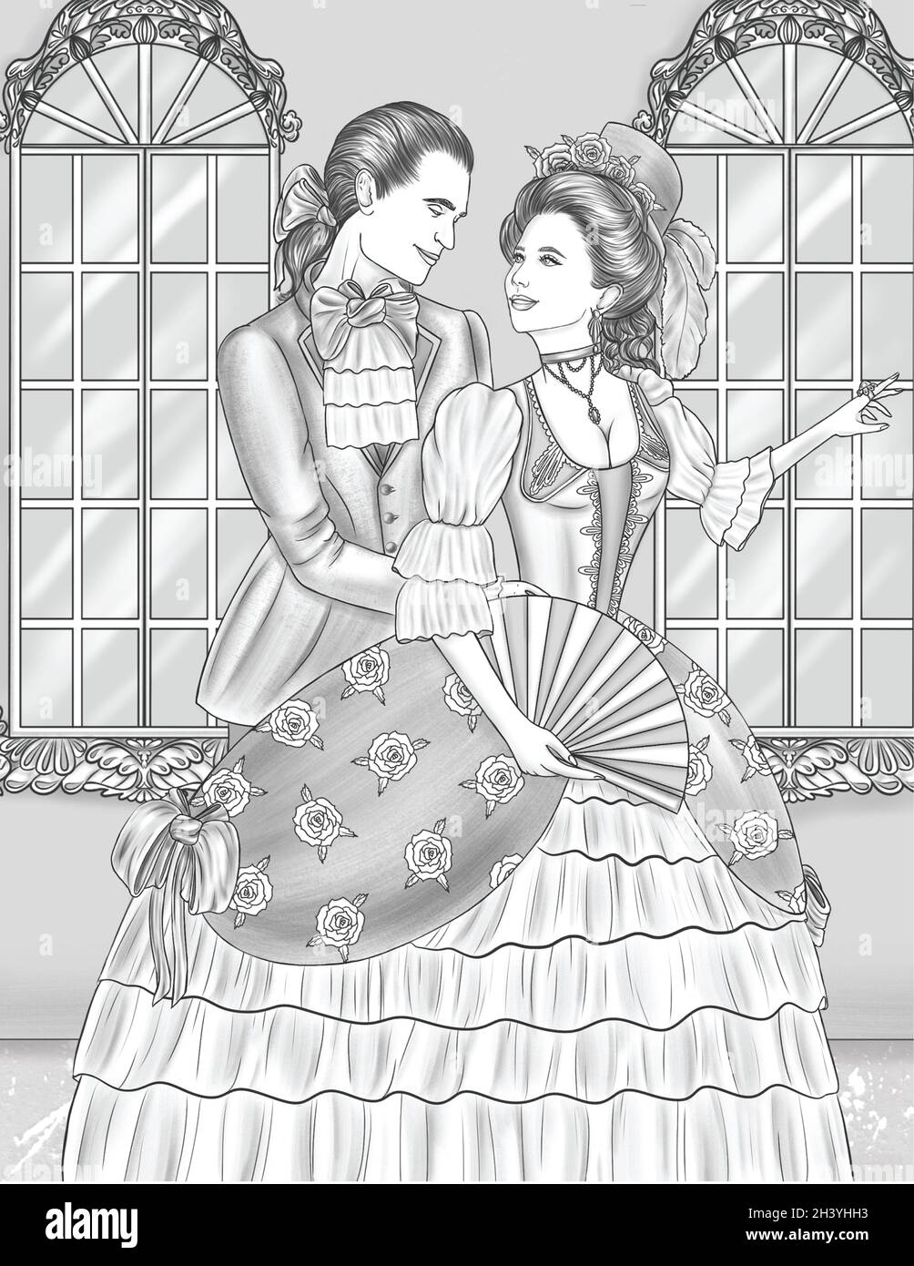 Man And Woman In Vintage Attire Standing Looking At Each Other With Windows Colorless Line Drawing. Lady In Dress Holding Fan Lo Stock Photo