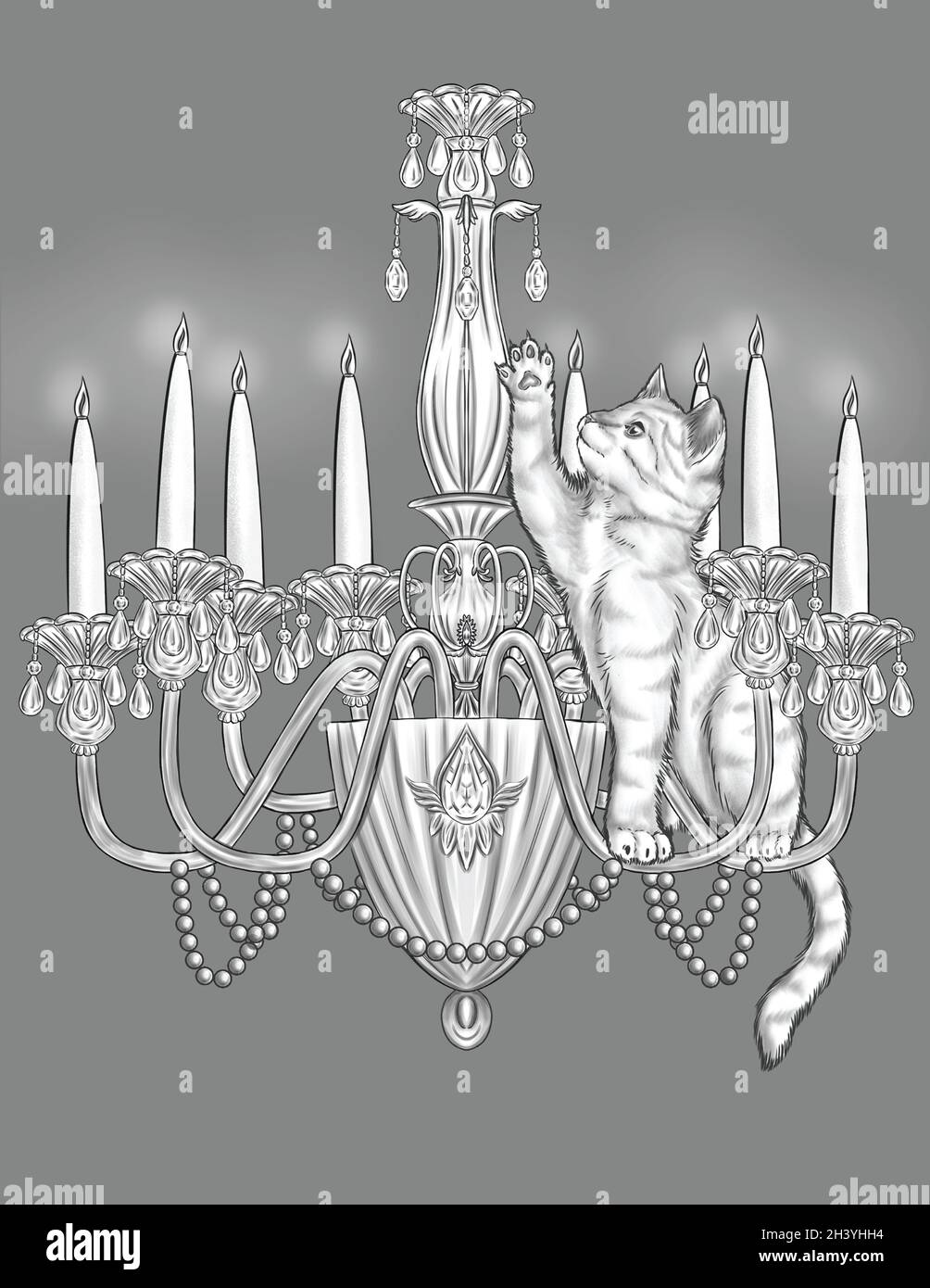 Playful Cat On Top Of A Lit Candle Chandelier Raising Paw Colorless Line Drawing. Small Feline Hanging On Ceiling Light Coloring Stock Photo