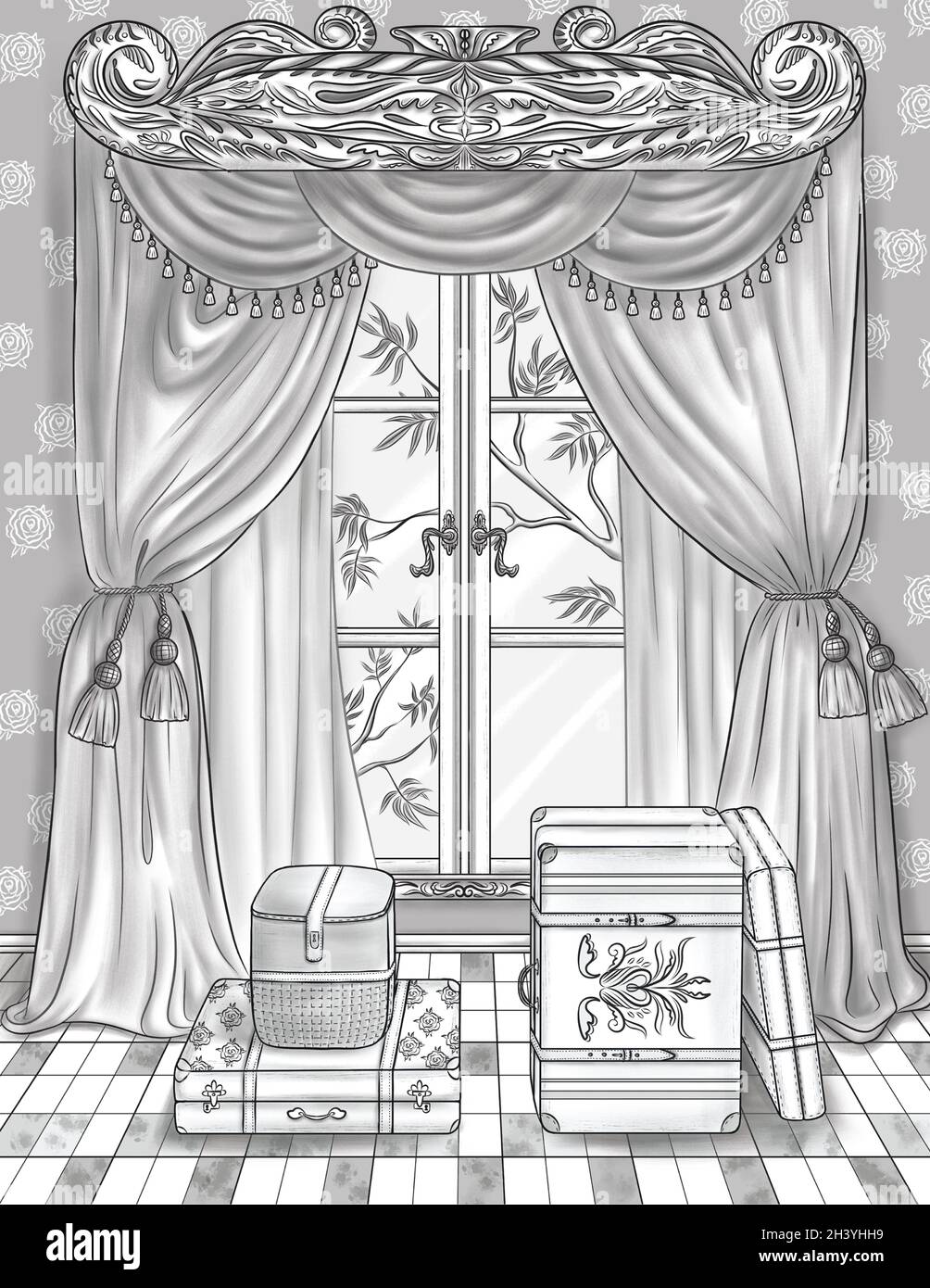 Large Glass Window With Beautiful Curtains Multiple Luggage Bags Colorless Line Drawing. Big Glass Framework With Pane And Drape Stock Photo