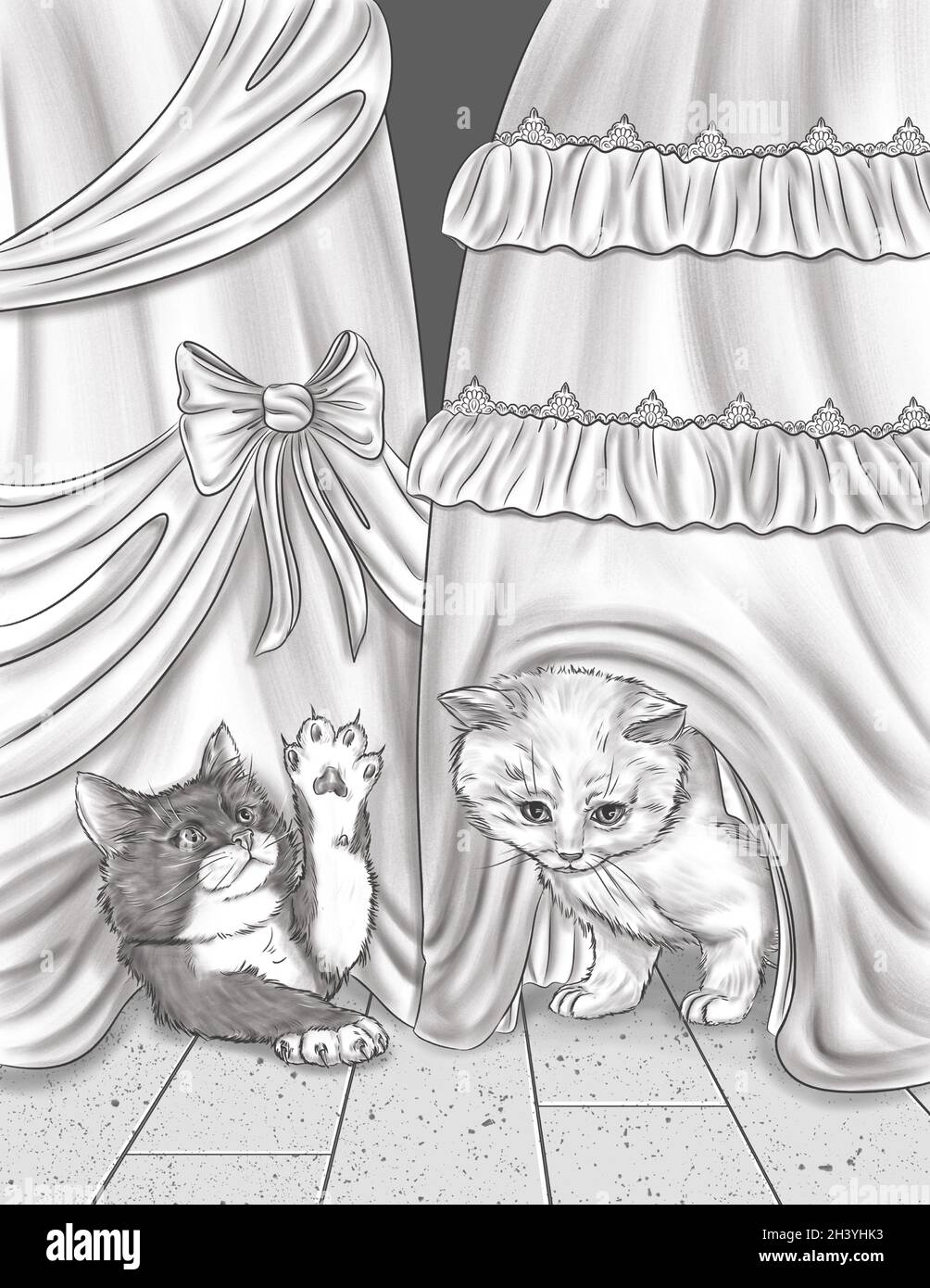 Two Small Cats Playing And Hiding Below Party Dress Colorless Line Drawing. Domesticated Feline Plays Under Gown Coloring Book P Stock Photo