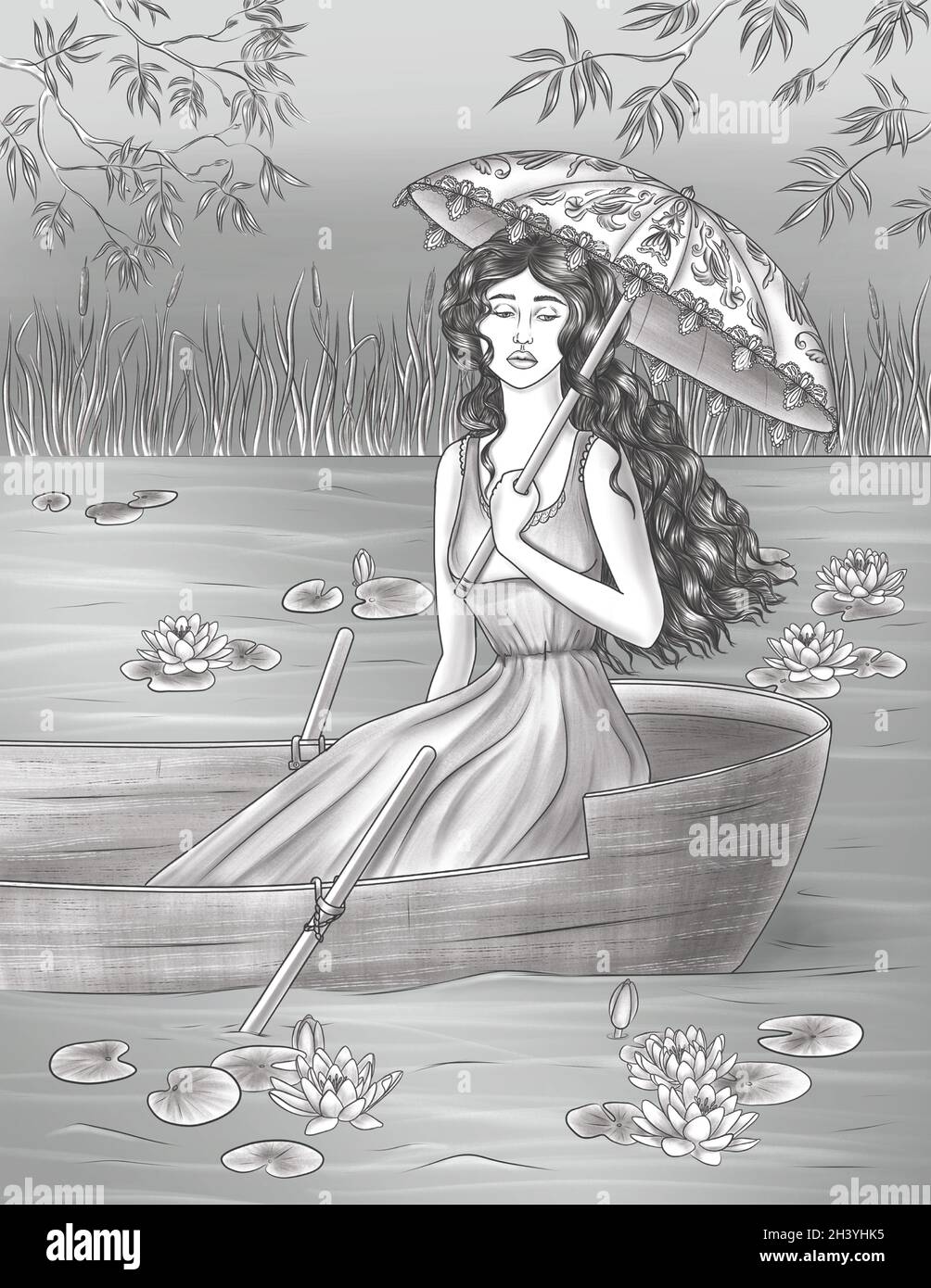 Sad Lady In Dress Carrying Umbrella On A Boat Floating In Lake With Water Lilies Colorless Line Drawing. Lonely Long Haired Woma Stock Photo