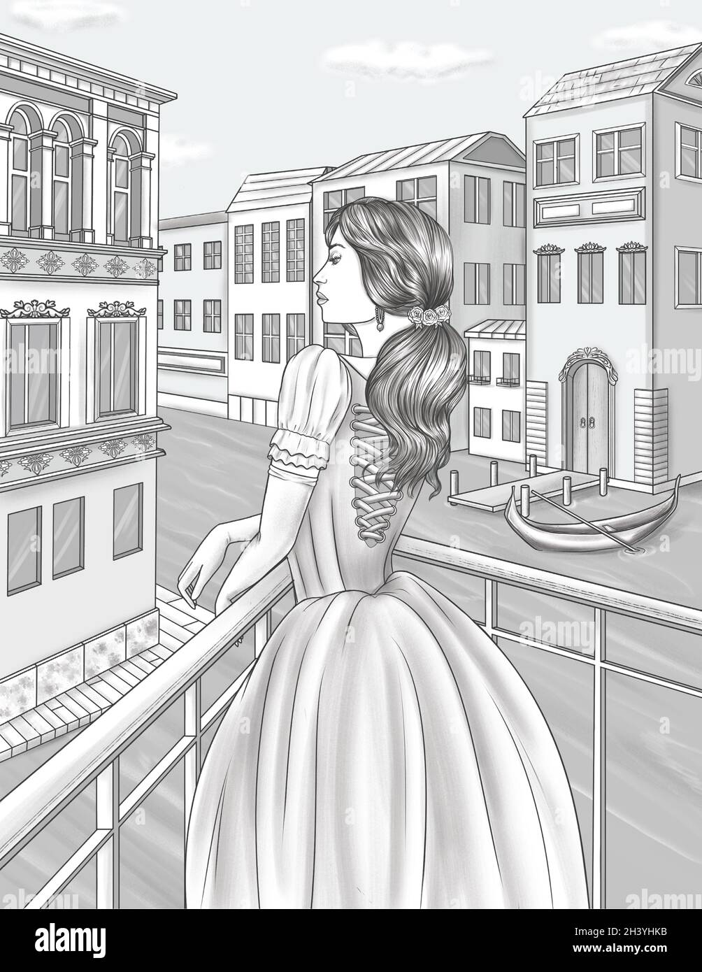 Lady In Dress Standing On Balcony Viewing Water Canal Colorless Line Drawing. Woman In Gown With Long Hair Stands On Veranda Loo Stock Photo
