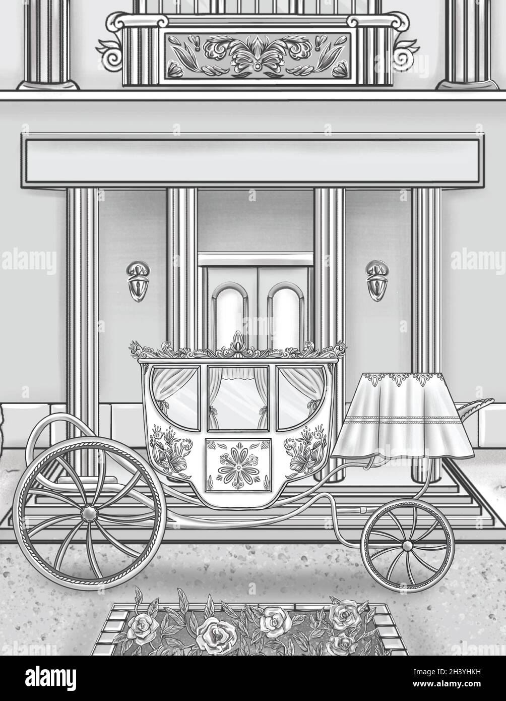 Vintage Noble Carriage Parked In Front Of House Entrance Colorless Line Drawing. Beautiful Old Wagon Parking Outside The Mansion Stock Photo