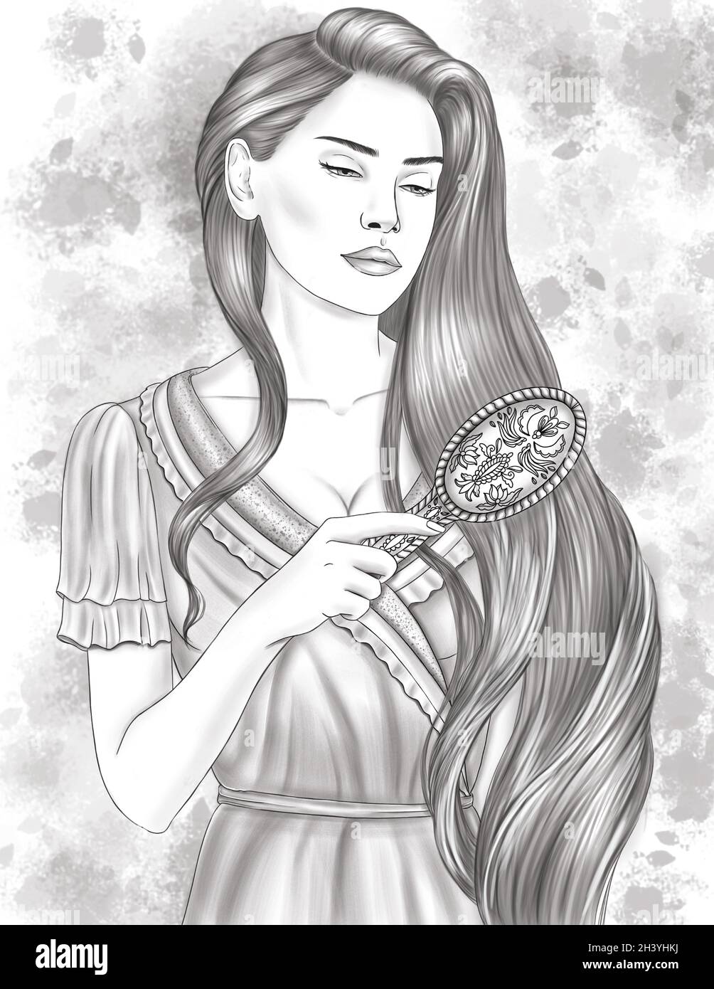 Woman In Gown Standing Greyscale Line Drawing Combing Long Beautiful Hair. Lady In Dress Grooming Head Haircut Coloring Book Pag Stock Photo