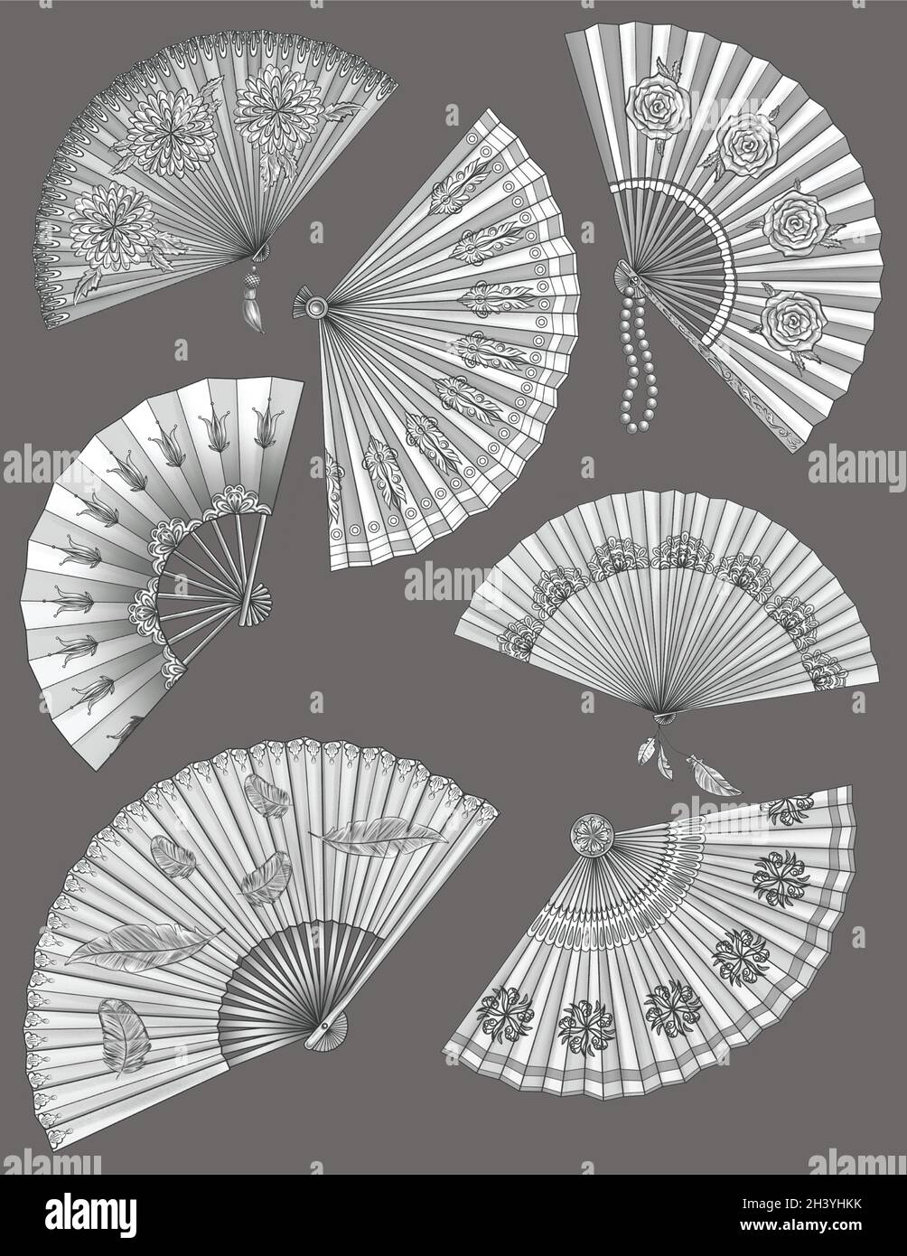 Different Designs Of Antique Foldable Handheld Fan Colorless Line Drawing. Multiple Vintage Open Fold Fans Coloring Book Page. Stock Photo