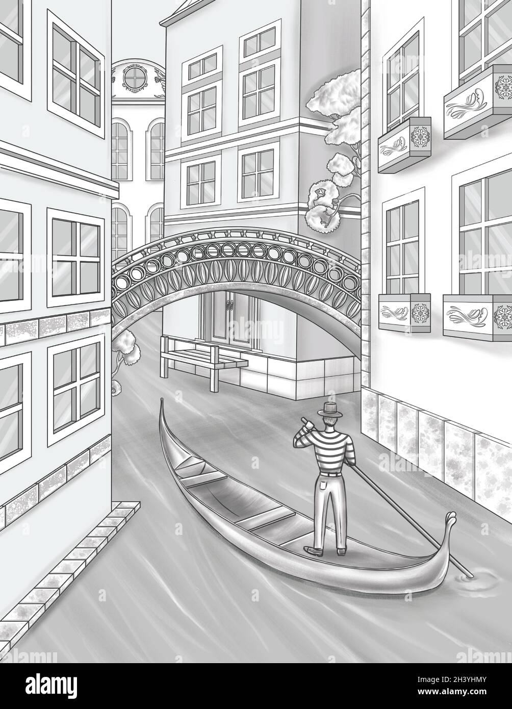 Man Standing On A Canoe Travelling In Canal Waters With Tall Buildings Colorless Line Drawing. Italian Gentleman Navigating Thro Stock Photo