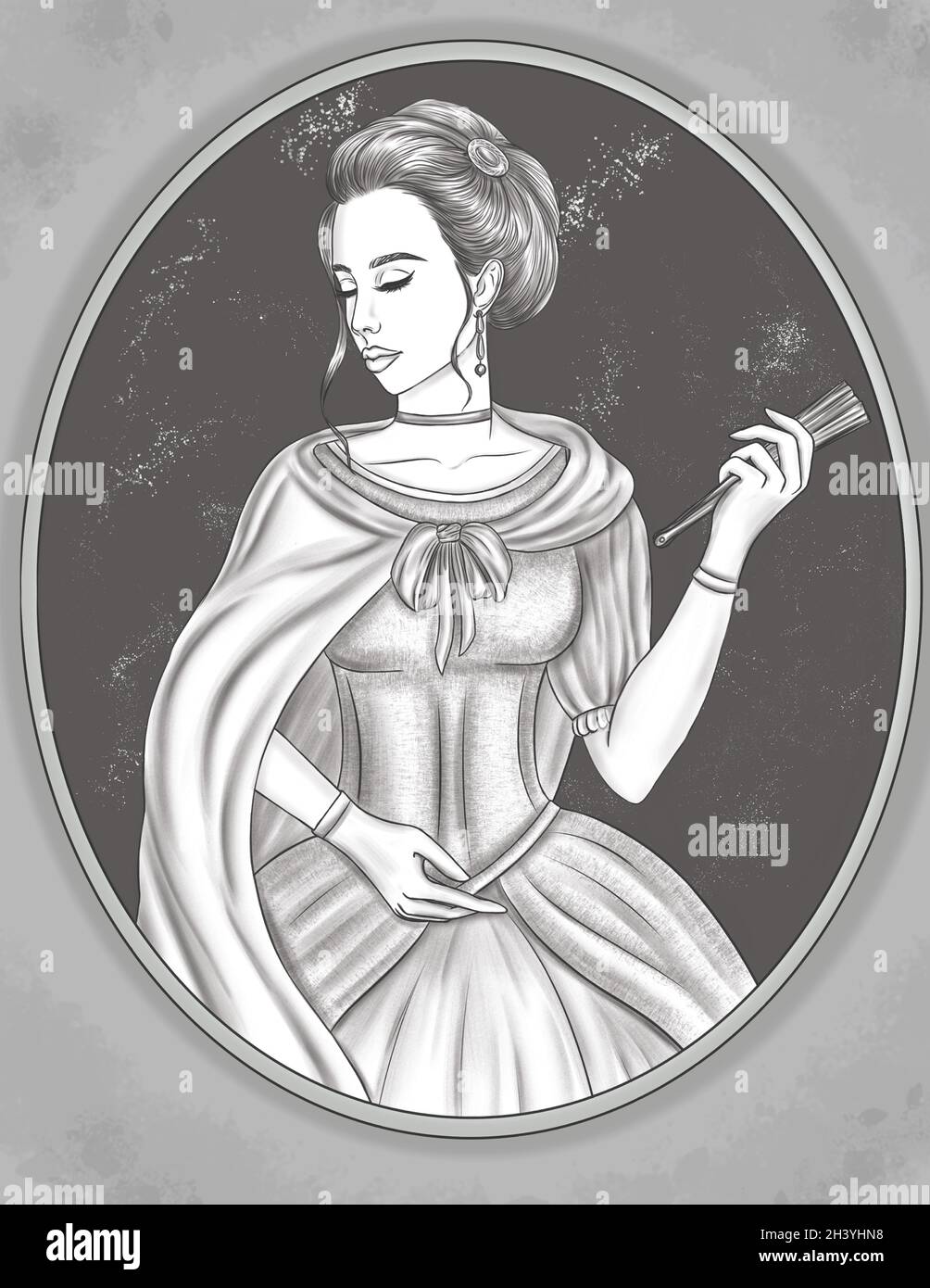 Beautiful Lady In Dress Closed Eyes Holding Fan Colorless Line Drawing. Woman In Gown Standing In Circular Frame Side Facing Col Stock Photo