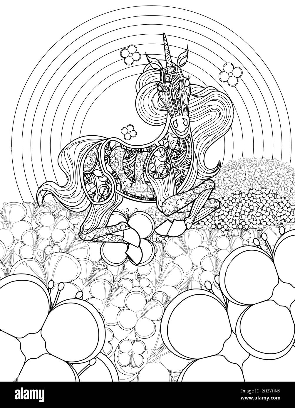 Beautiful Unicorn In Flower Fields Looking Front Colorless Line Drawing. Mythical Horned Horse Bending Down On Field Coloring Bo Stock Photo