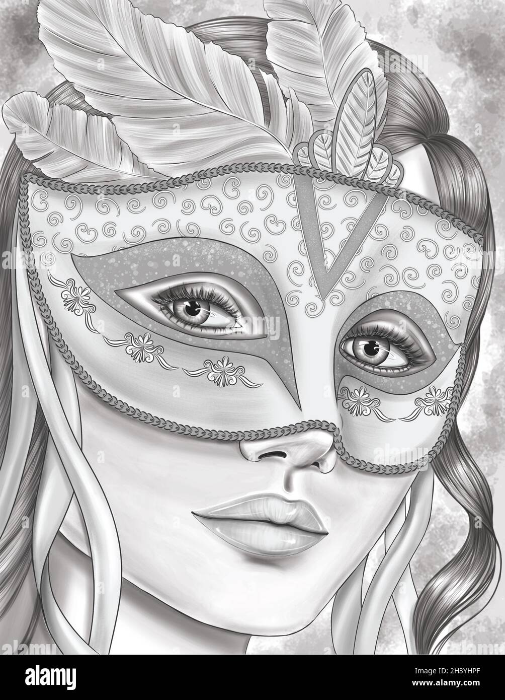 Woman In Masquerade Mask With Feathers Colorless Line Drawing. Lady In Carnival Party Eye Veil Front Looking Coloring Book Page. Stock Photo