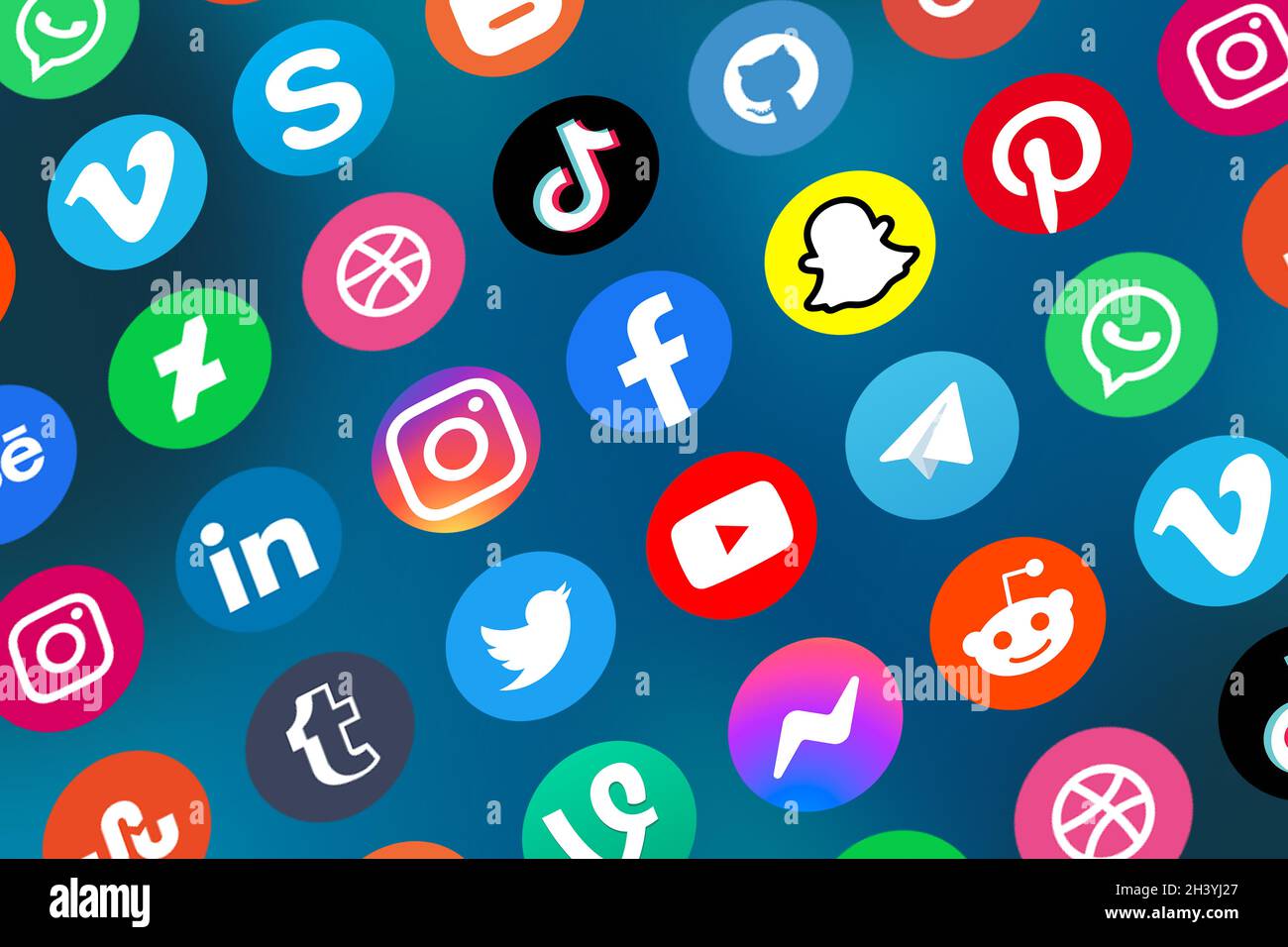 Logo of social media icons social network Facebook, Instagram, YouTube, Twitter and WhatsApp on the Internet Stock Photo