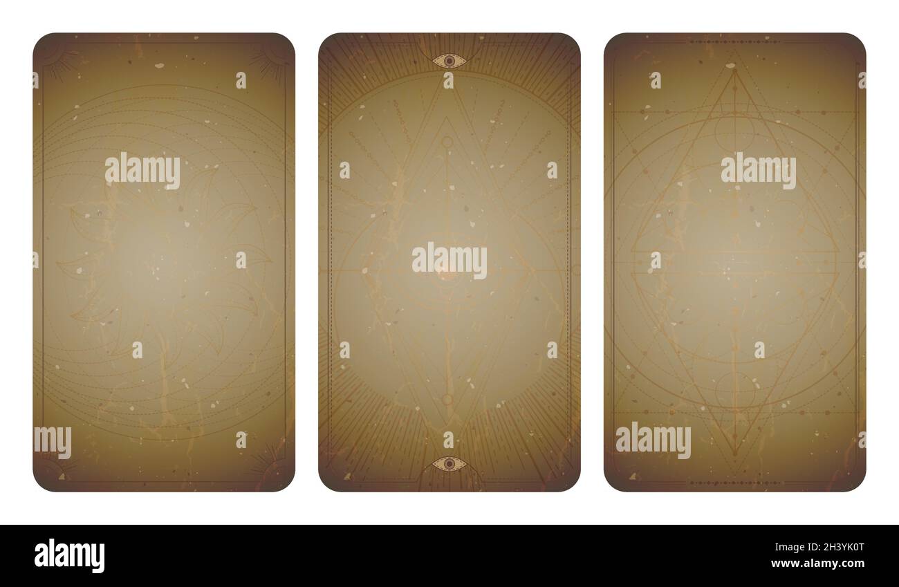 Vector set of three vintage backgrounds with geometric symbols and frames. Abstract geometric symbols and sacred mystic signs drawn in lines. In sepia Stock Vector