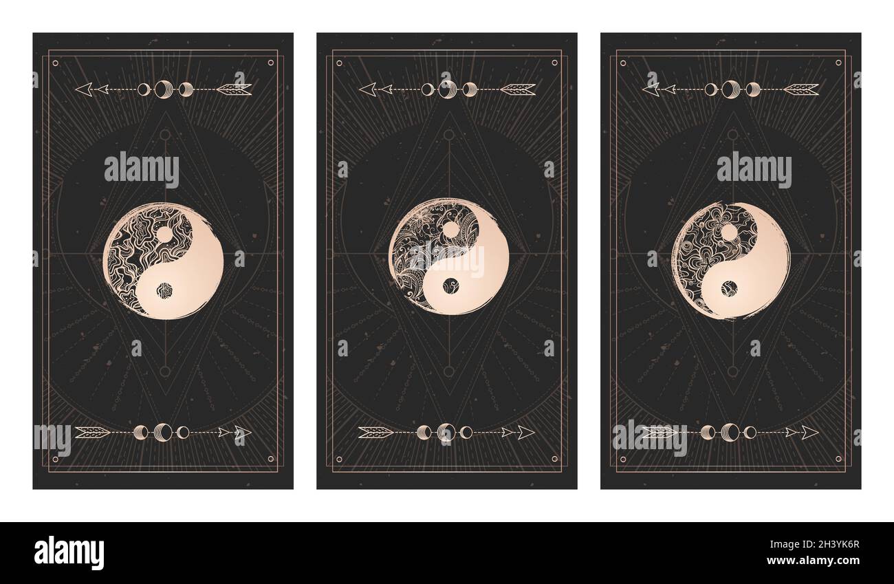 Vector set of three yin yang signs on dark backgrounds with geometric shape, grunge textures and frames. Symbols with grunge and floral elements. Illu Stock Vector