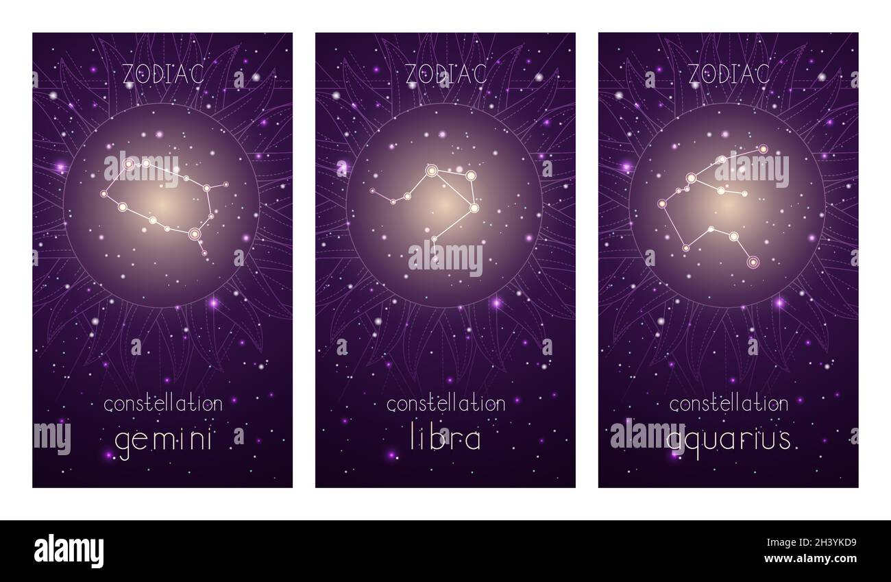 Set of three cards with Zodiac constellations and abstract geometric ...