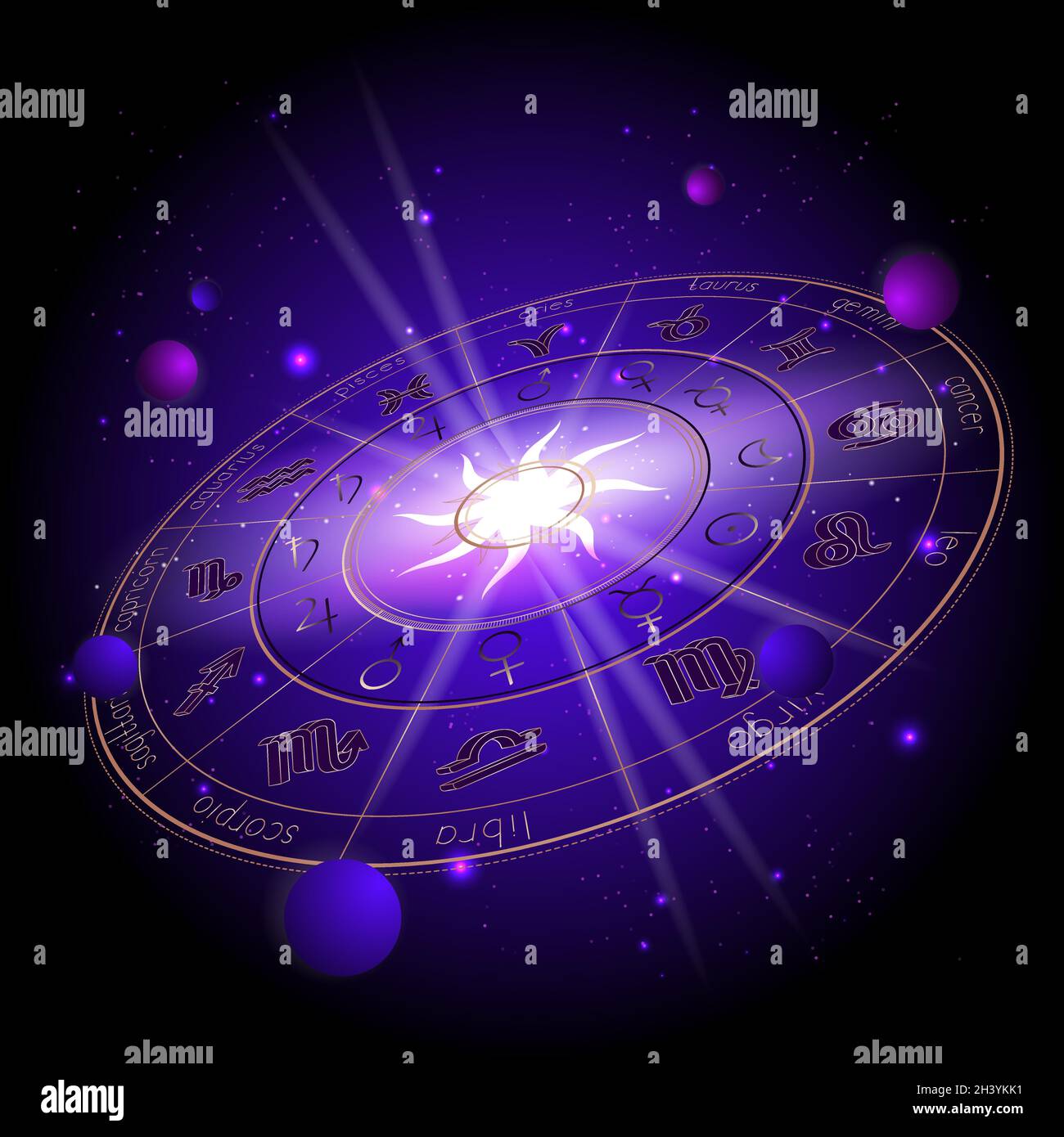 Vector illustration of Horoscope circle in perspective, Zodiac signs and pictograms astrology planets against the space background with planets, stars Stock Vector