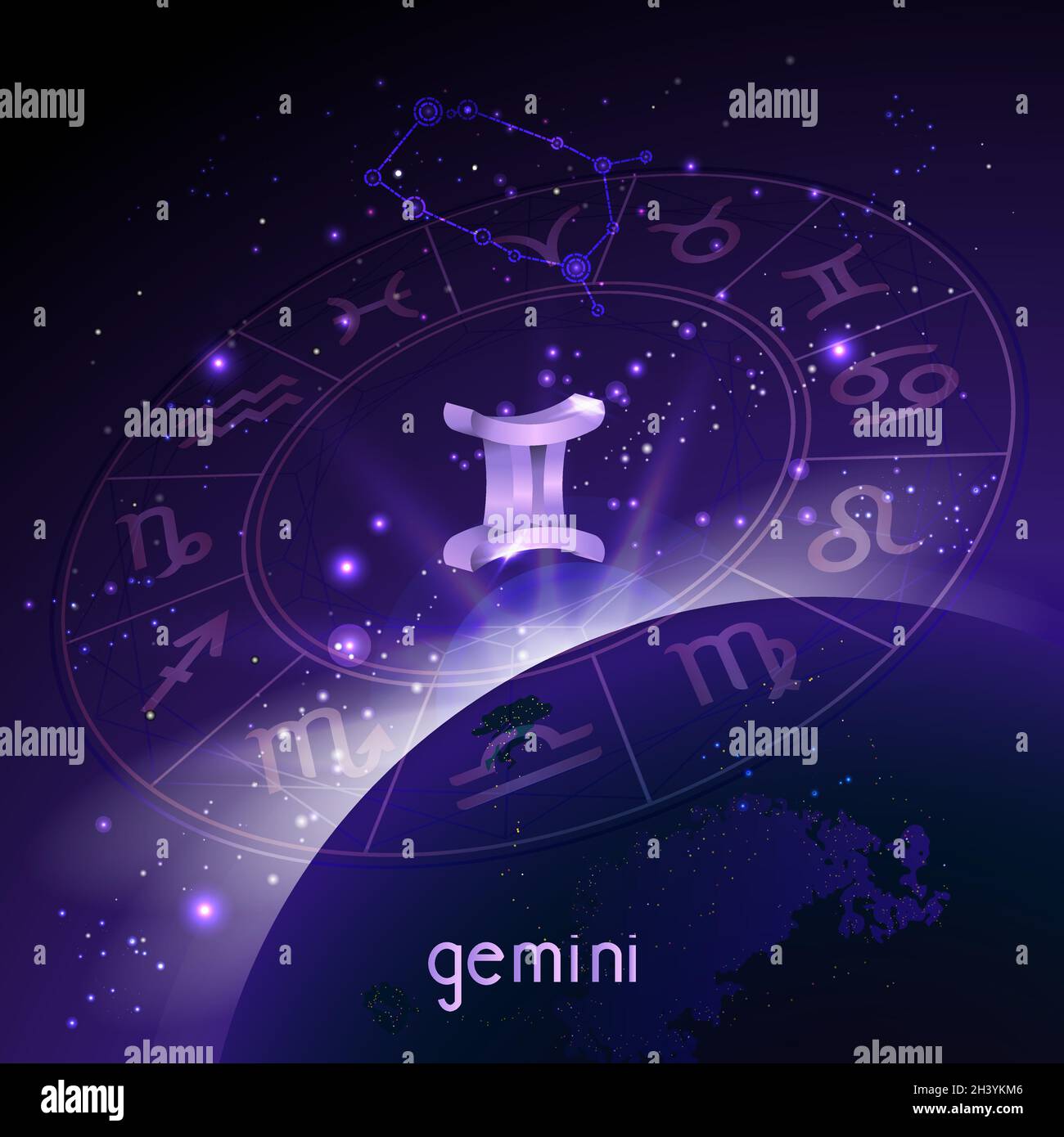 Vector illustration of 3D sign and constellation GEMINI with Horoscope ...