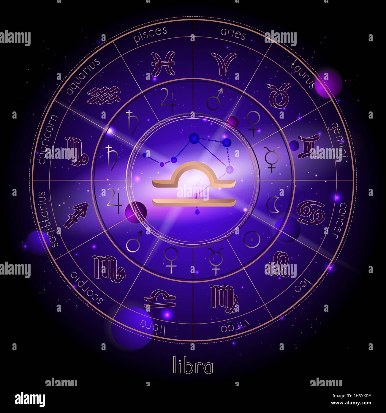 Vector illustration of sign and constellation LIBRA and Horoscope circle with astrology pictograms against the space background with planets and stars Stock Vector