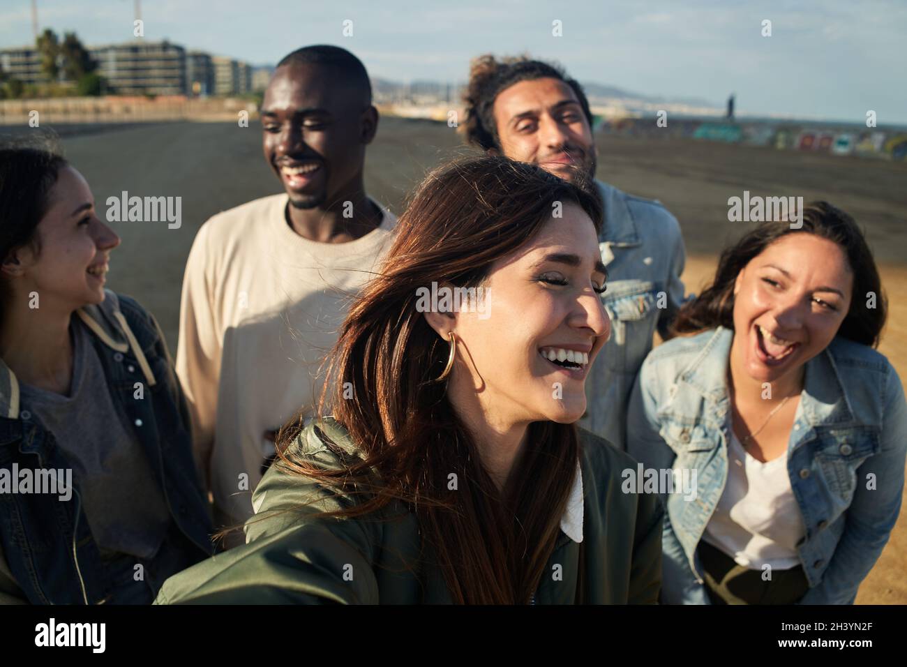 Multiracial happy group of friends make selfie Stock Photo - Alamy