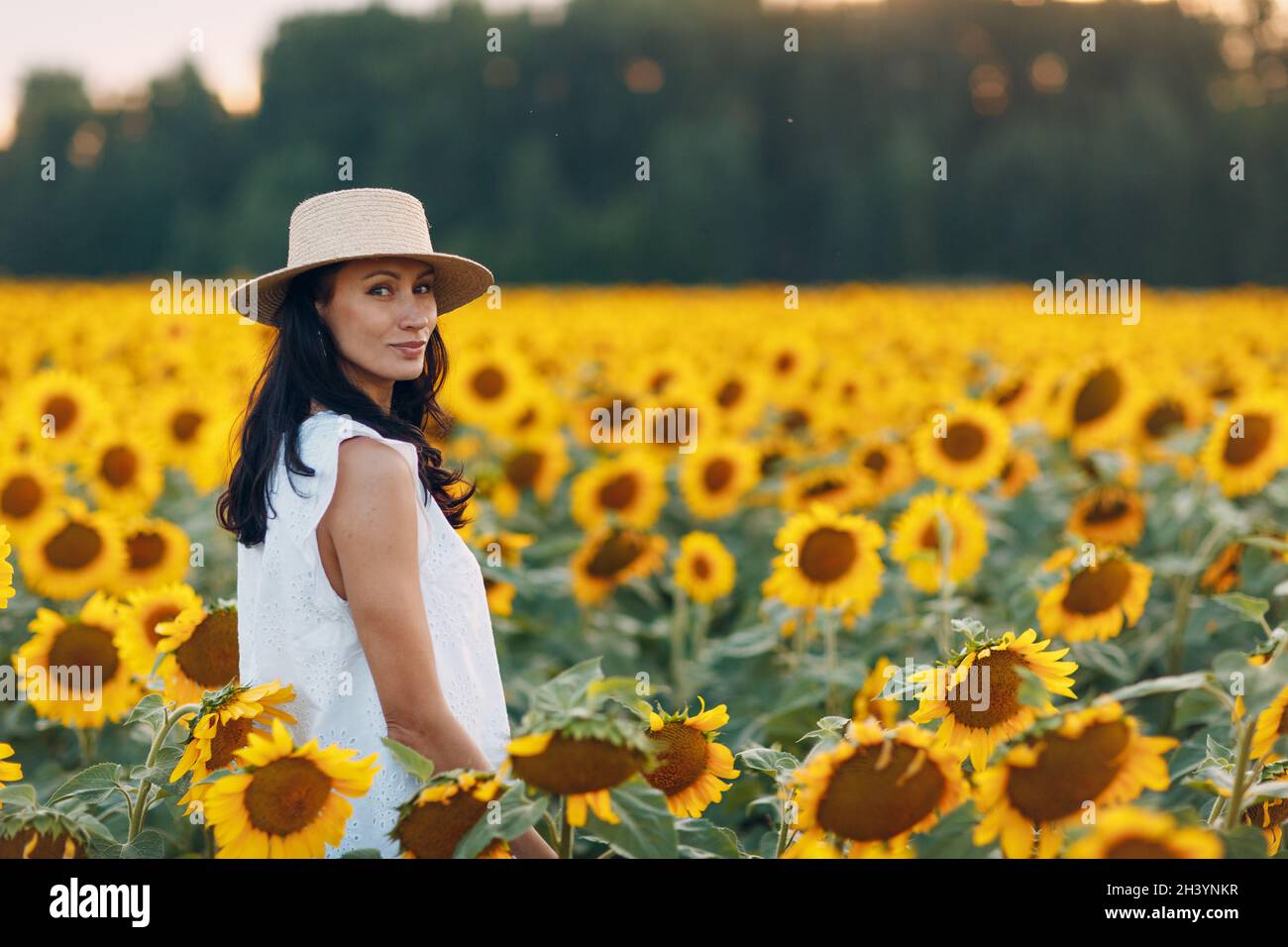 Beautiful young woman in hat on sunflower field Stock Photo - Alamy