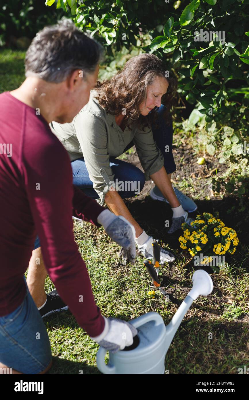 Happy senior caucasian couple gardening together in sunny garden Stock ...