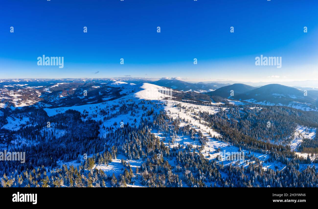 Wonderful landscapes of the Carpathian mountains covered with the first snow in Ukraine near the village of Pylypets Stock Photo