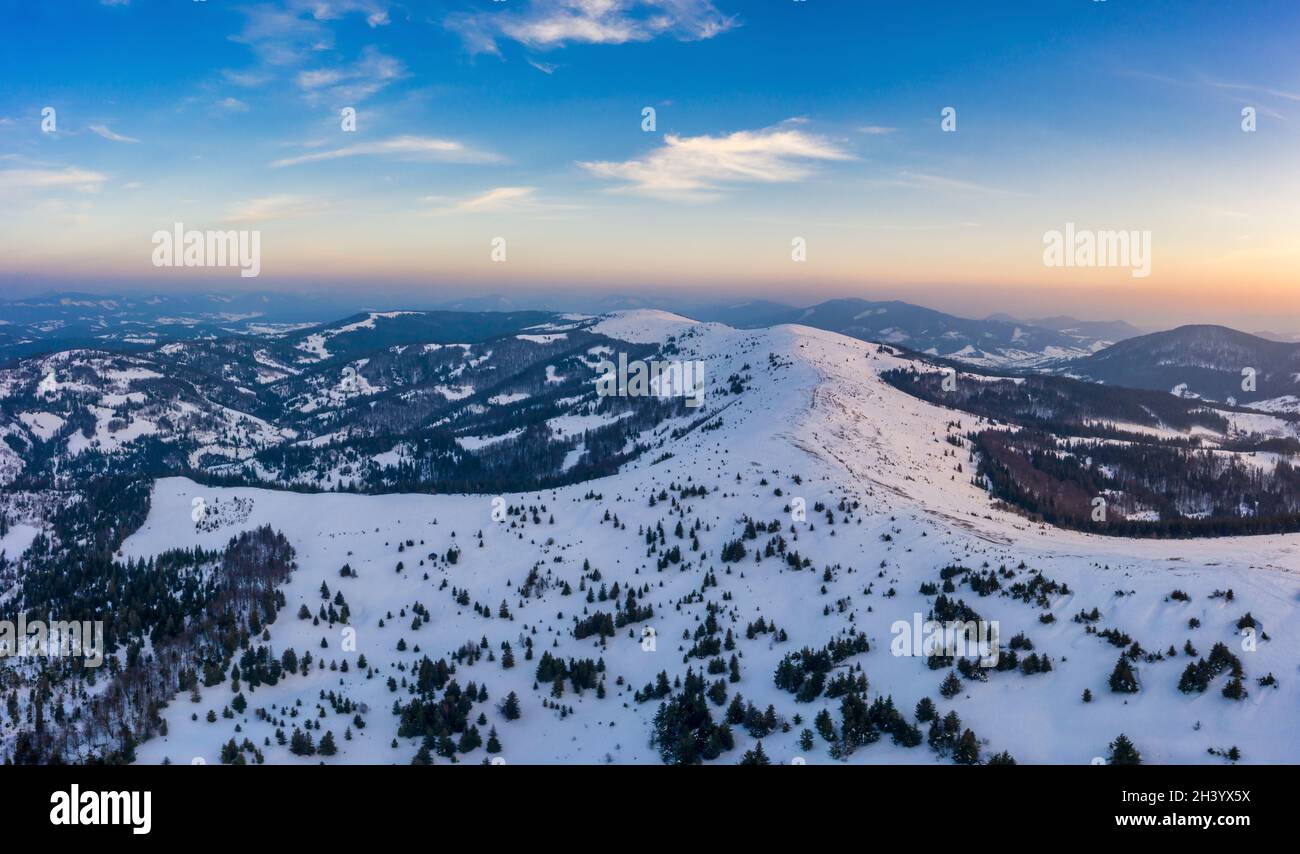 Magical winter panorama of beautiful snowy slopes Stock Photo - Alamy