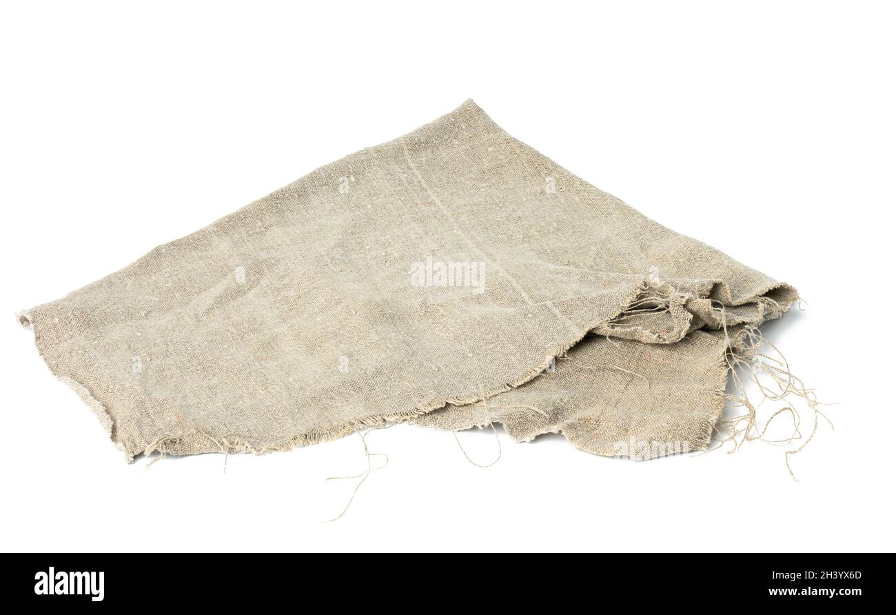 Folded gray linen tea towel on white background Stock Photo