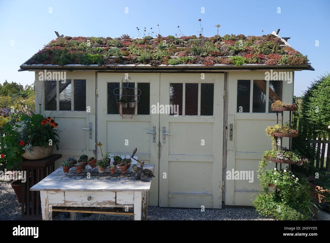 Garden shed with green roof Stock Photo