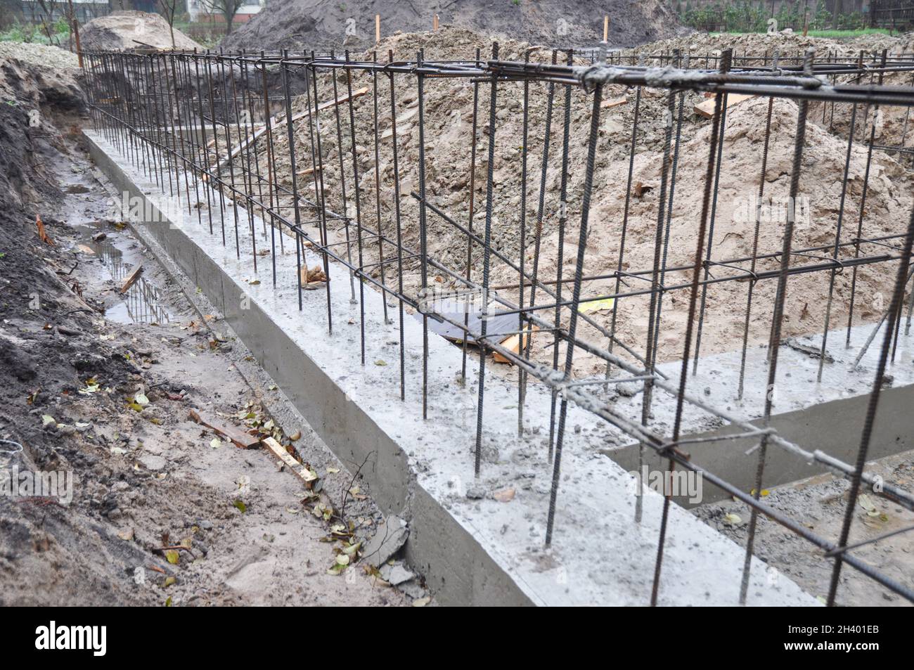 Reinforcement in a strip foundation. Foundation construction. Stock Photo