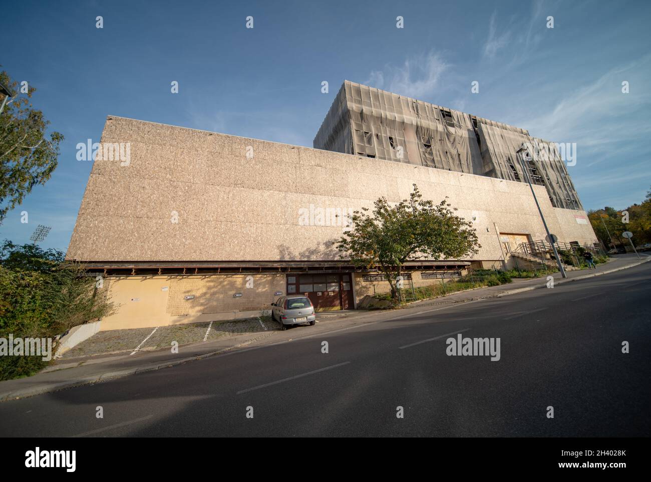 Damaged departmental building of Czech Institute for Study of Totalitarian Regimes in Siwiecova street, Prague, after a failed reconstruction attempt. Stock Photo