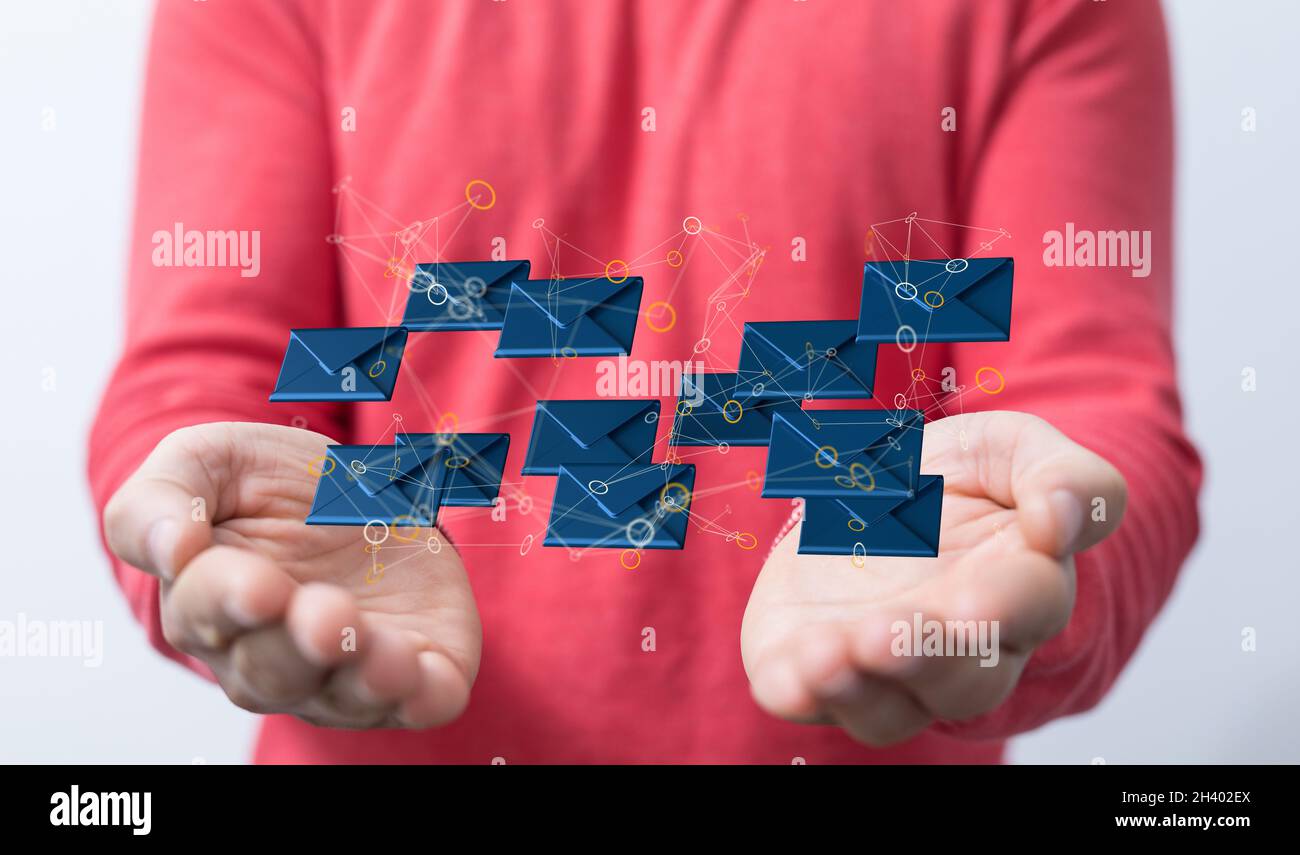 A 3D rendering of email inbox icons floating on a businessman's hand ...