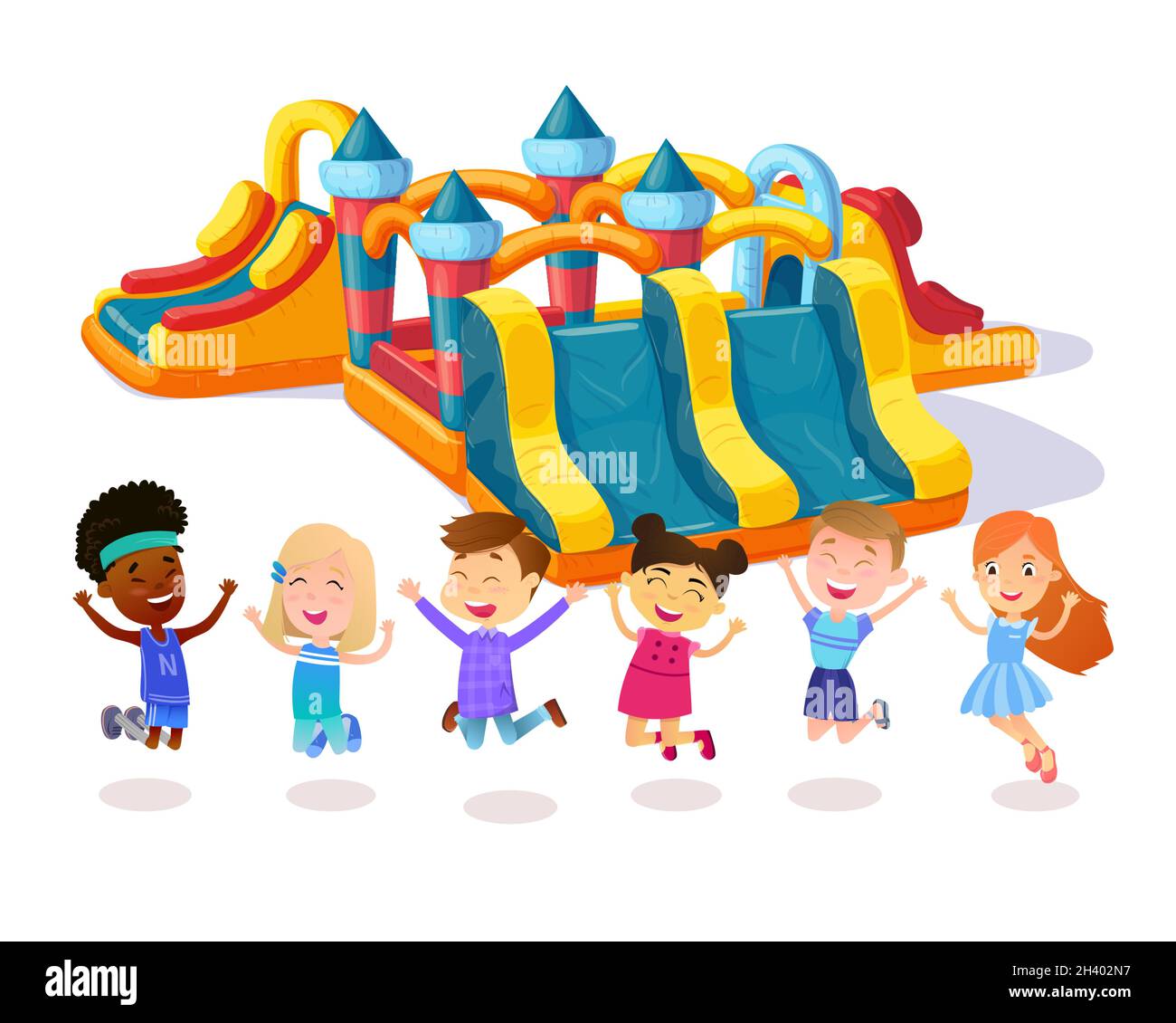 Castle child playground. Happy friends. Children jumping on playground. Stock Vector