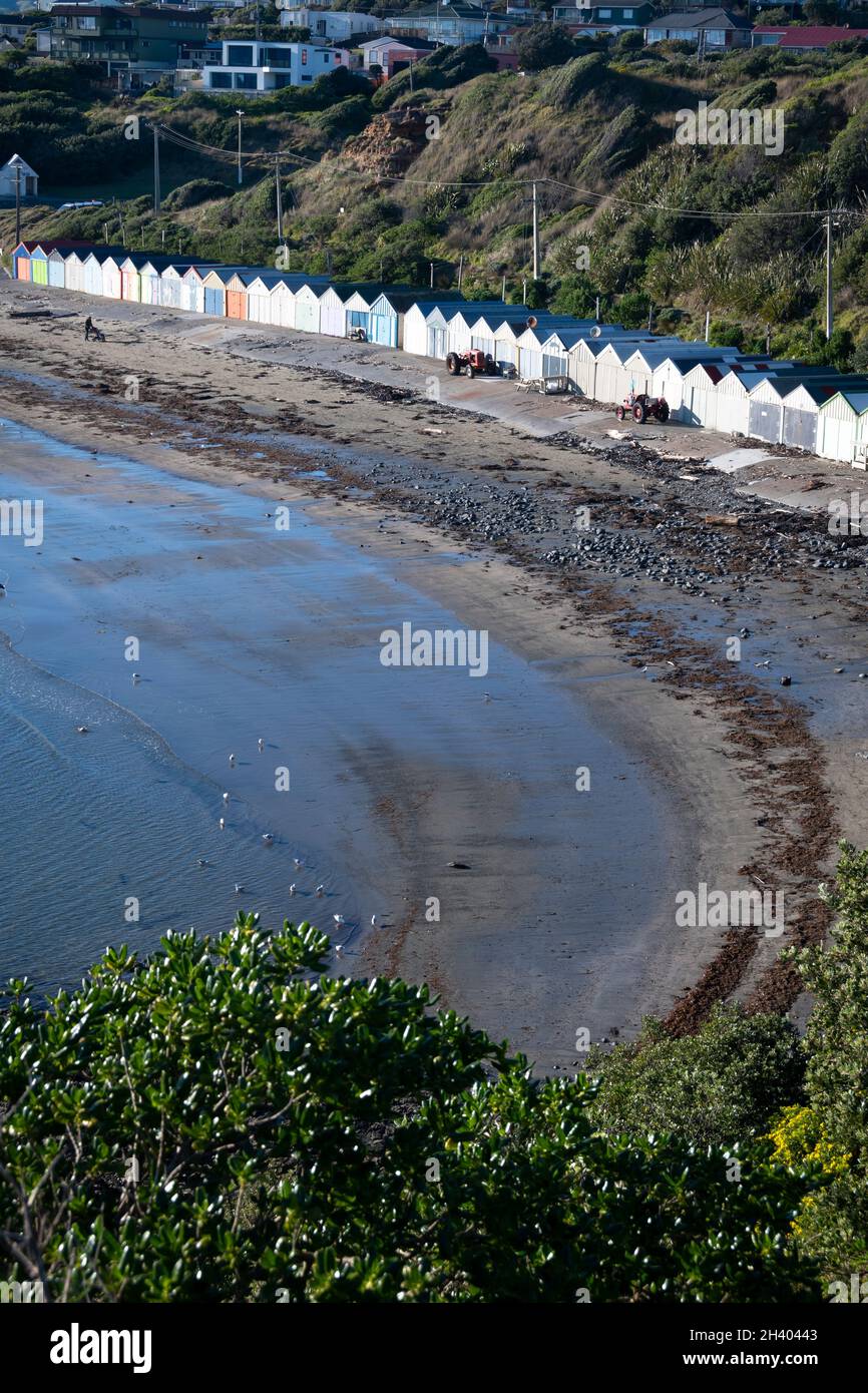 Boatsheds at Titahi Bay beach, Porirua, Wellington, North Island, New
