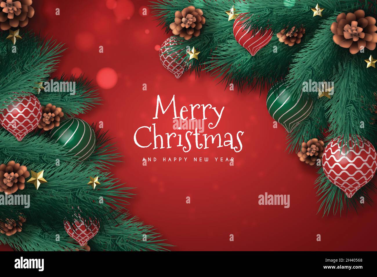 realistic christmas background with snow globes pine tree branches ...