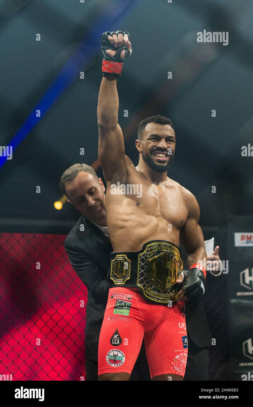Paris, France. 30th Oct, 2021. Franceâ€™s Mixed Martial Arts (MMA) fighter  Karl Amoussou wins the Hexagone MMA championship belt during the second  edition of the Hexagone MMA in the Zenith of Paris,
