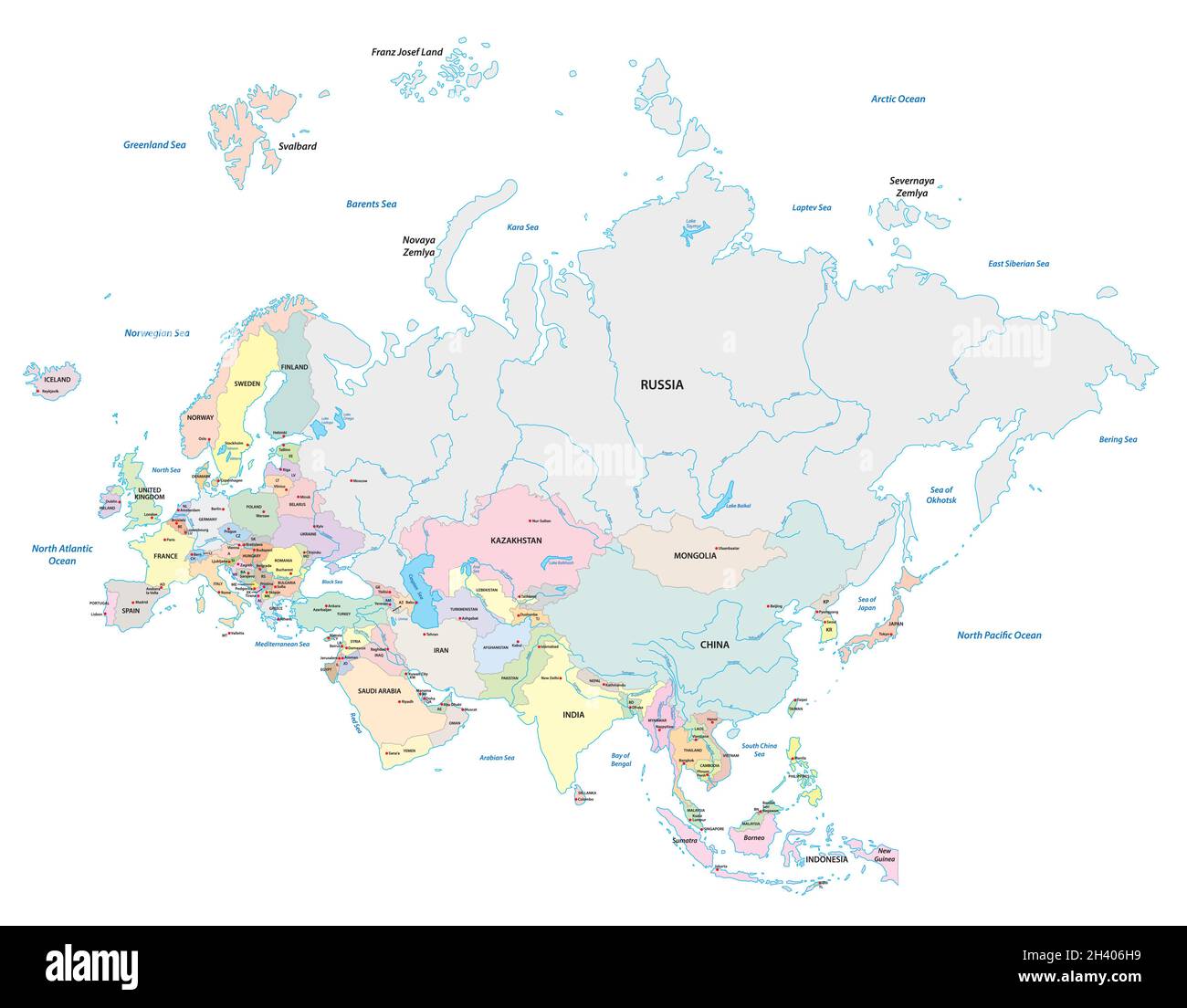 Detailed vector map of the two continents Europe and Asia, Eurasia Stock Vector