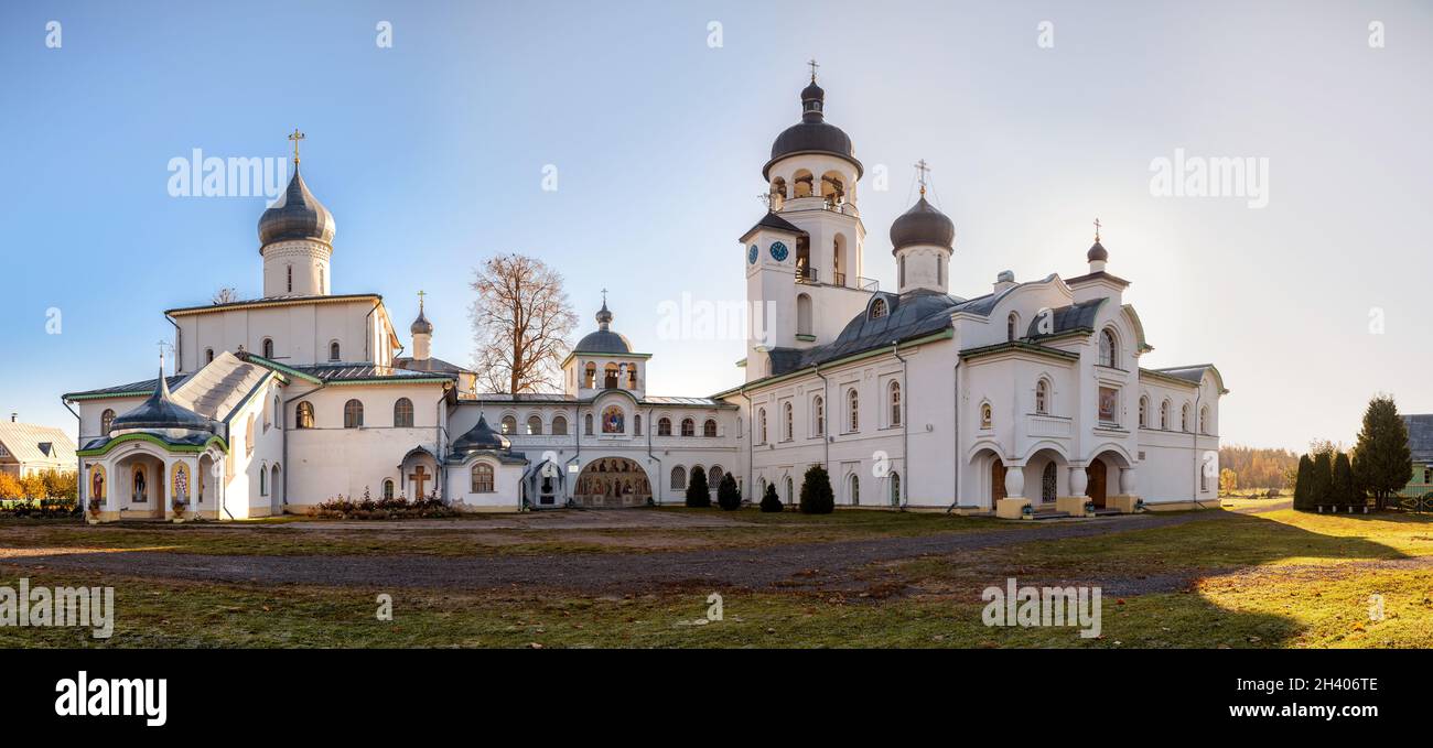 Panoramic view of the churches of the Russian Orthodox Krypetsky monastery. Pskov region, Russia Stock Photo