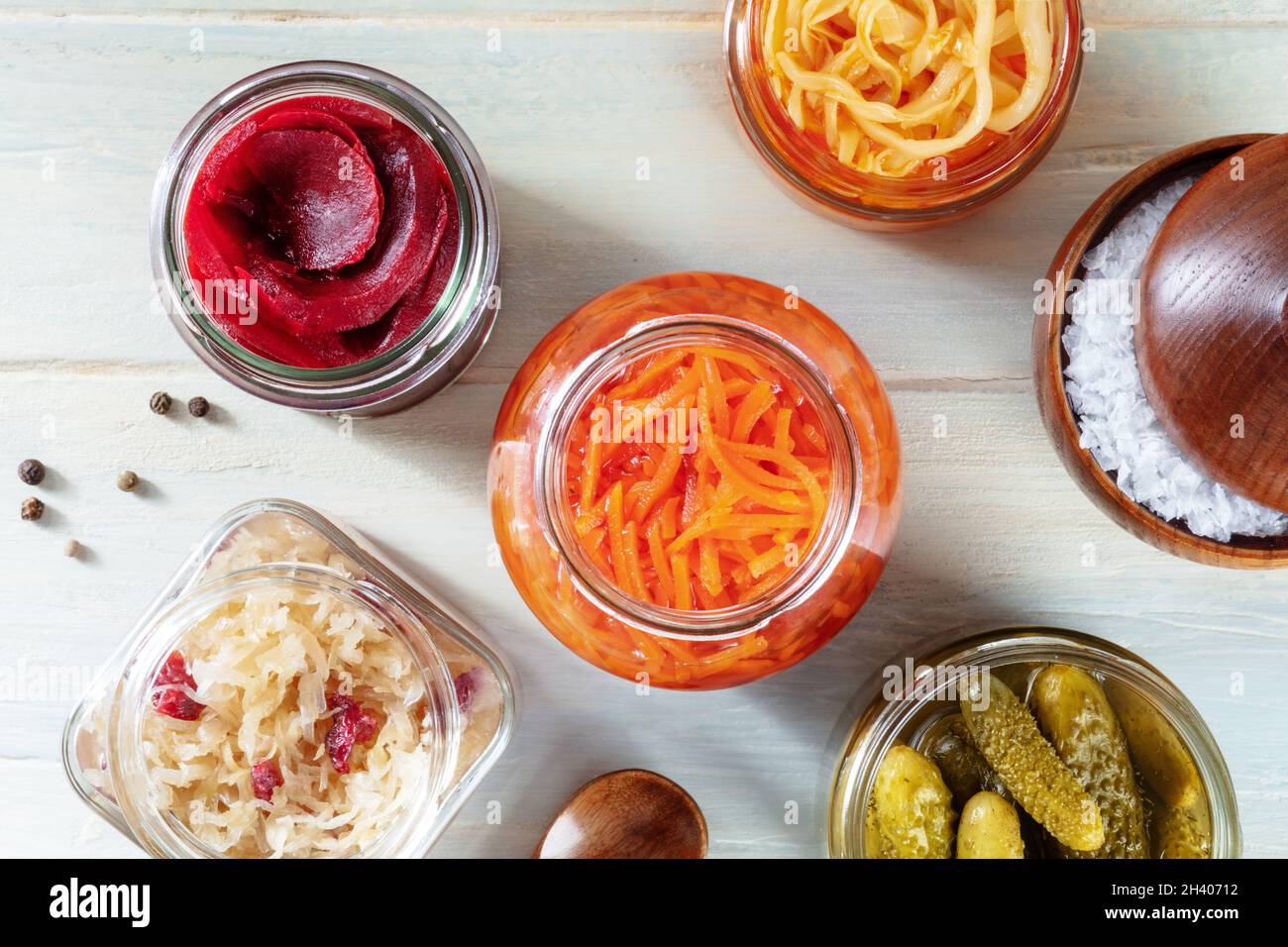 Probiotic foods. Fermented food. Canned sauerkraut, carrot, pickles etc