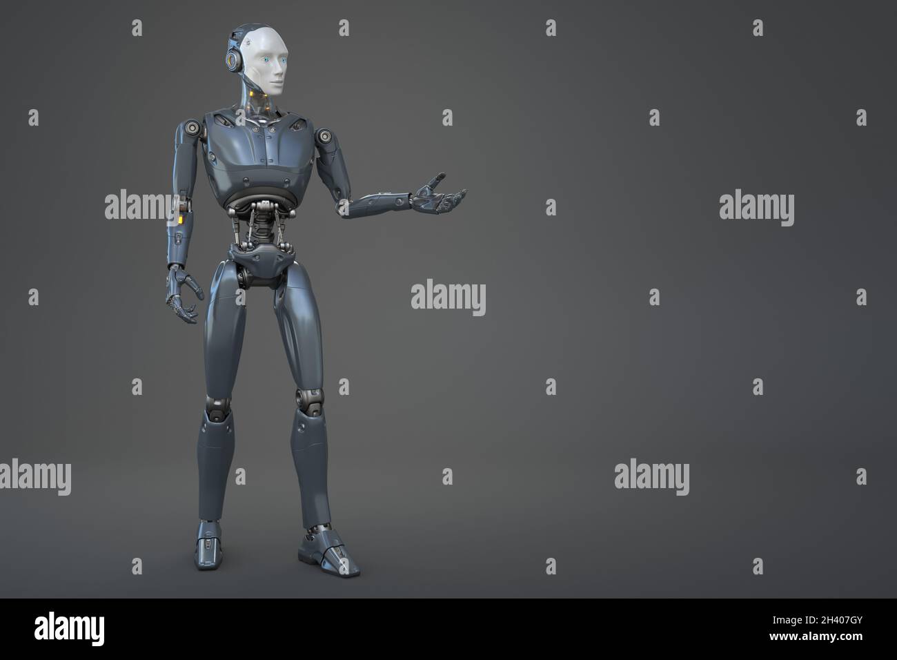 Robot android posing on a gray background. 3D illustration Stock Photo