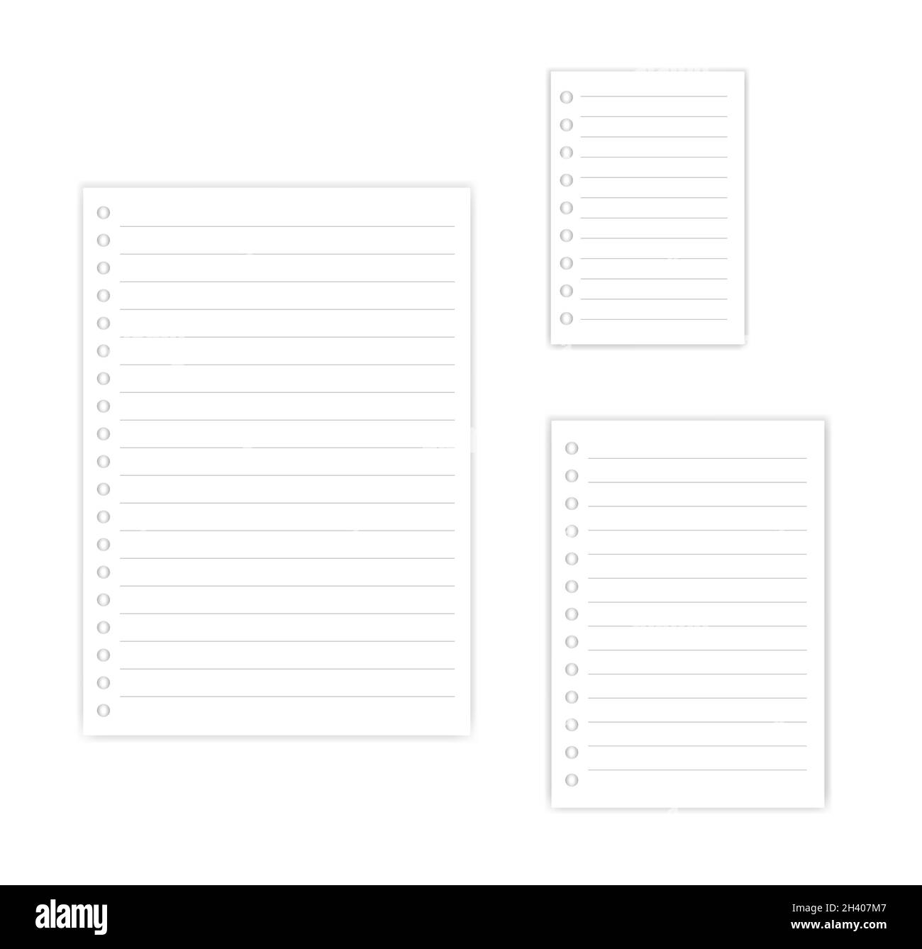 Hole punched white lined filler paper sheets for ring binder, realistic mockup. A4, A5, A6 sizes set. Vector mock-up for design Stock Vector
