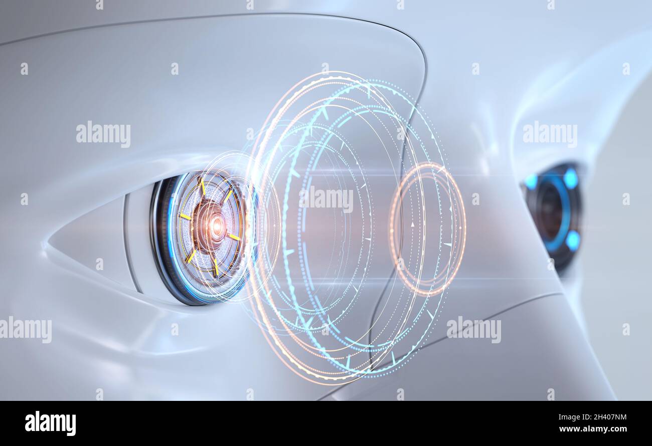 Humanlike robot's eye with hologram. 3D illustration Stock Photo