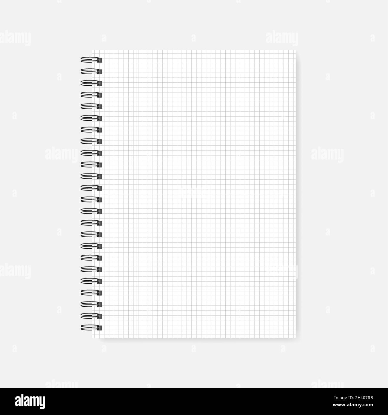 Spiral grid lined notebook, realistic mock-up. Wire bound squared paper notepad template. A4 diary, mockup Stock Vector