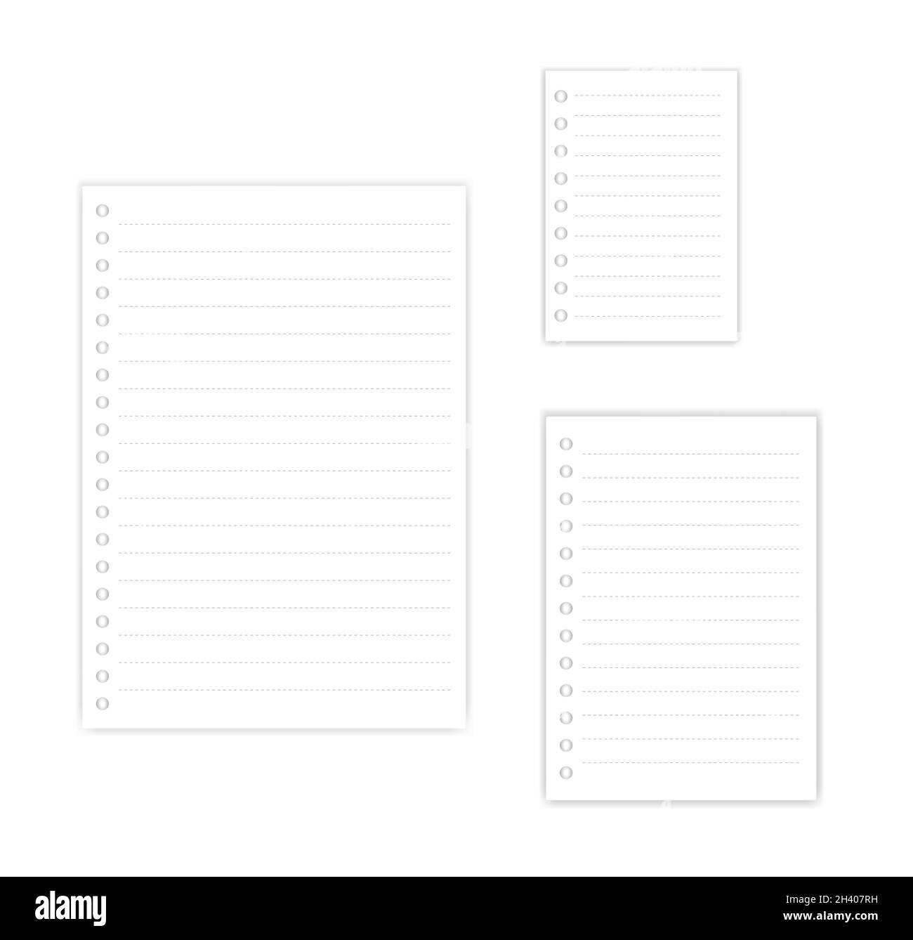 Hole punched dashed lined paper sheets for ring binder. Set of A4, A5, A6 sizes. Vector mock-up for design Stock Vector